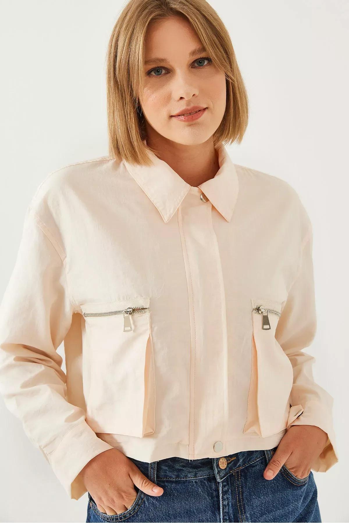 Bellows Pocket Parachute Crop Jacket, Beige, large image number 4