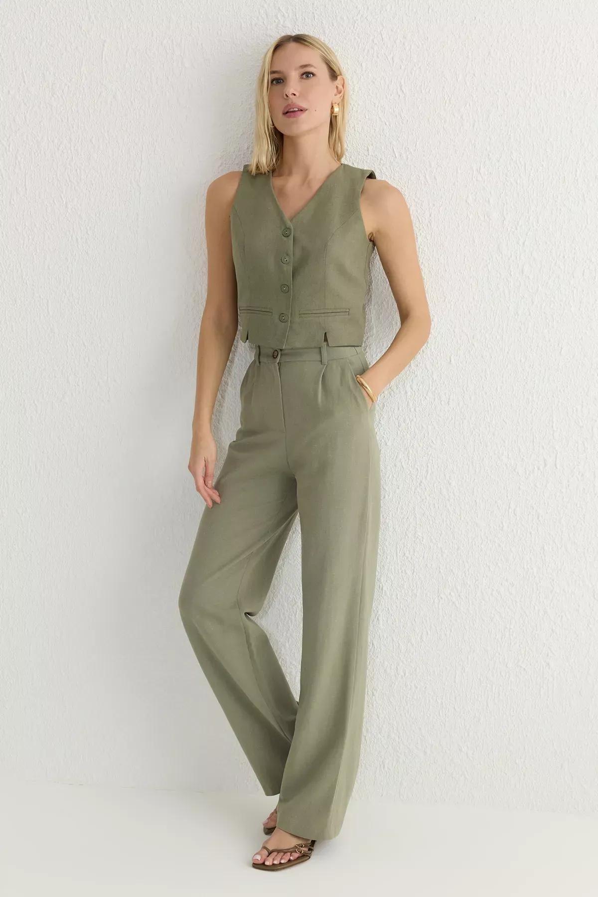 Green Fitted Linen V-Neck Vest, Light Khaki, large image number 1