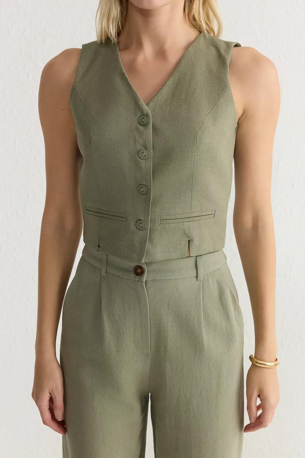 Green Fitted Linen V-Neck Vest, Light Khaki, large image number 2