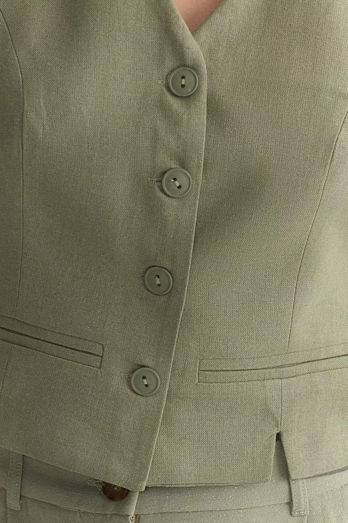 Green Fitted Linen V-Neck Vest, Light Khaki, large image number 3