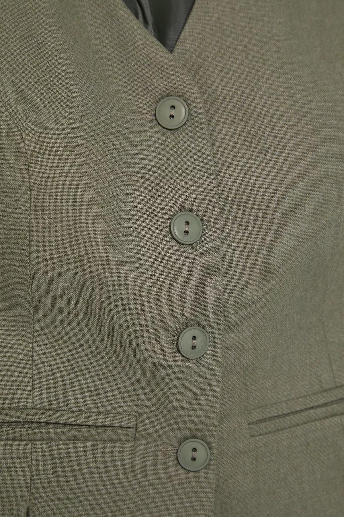 Green Fitted Linen V-Neck Vest, Light Khaki, large image number 5
