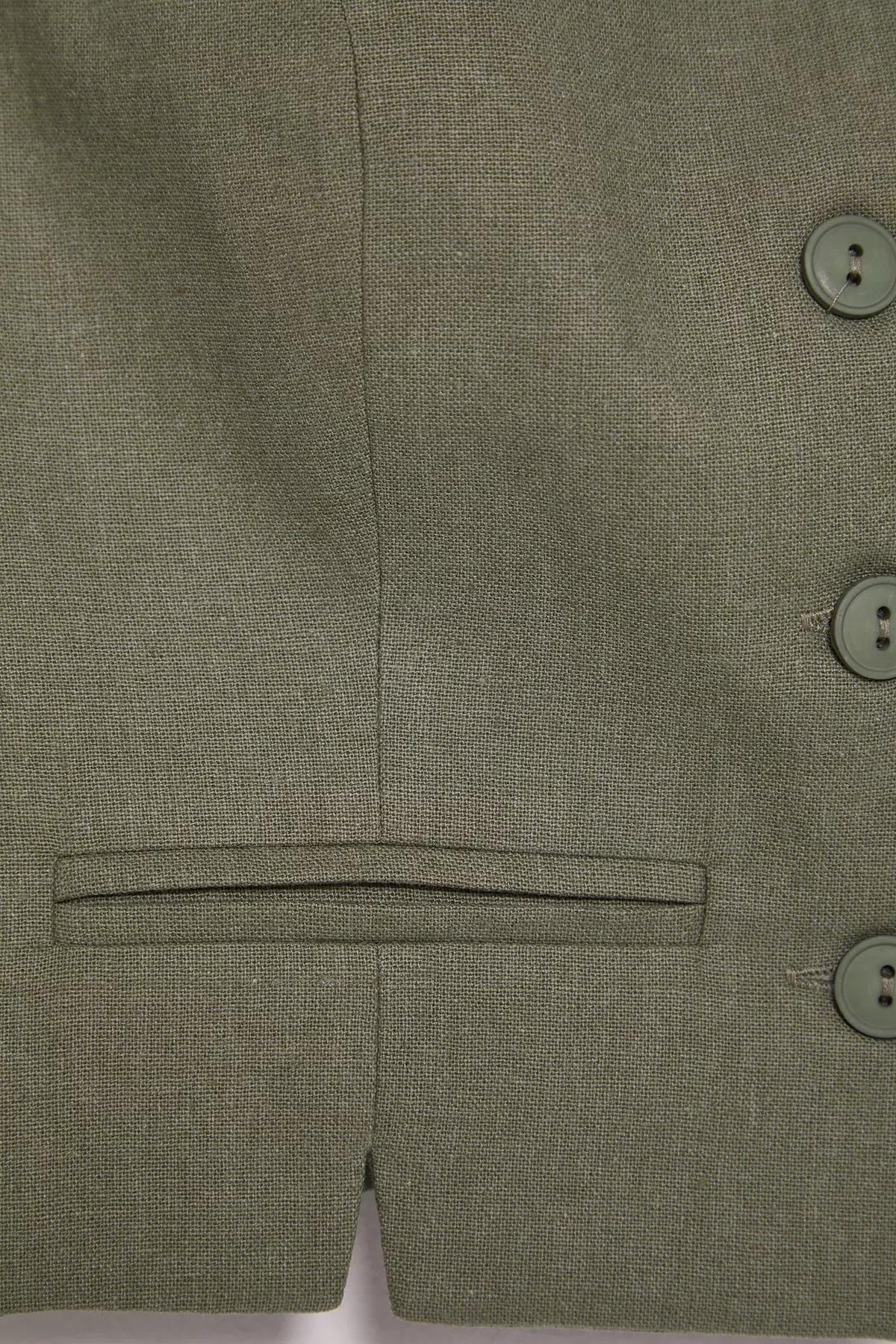 Green Fitted Linen V-Neck Vest, Light Khaki, large image number 6