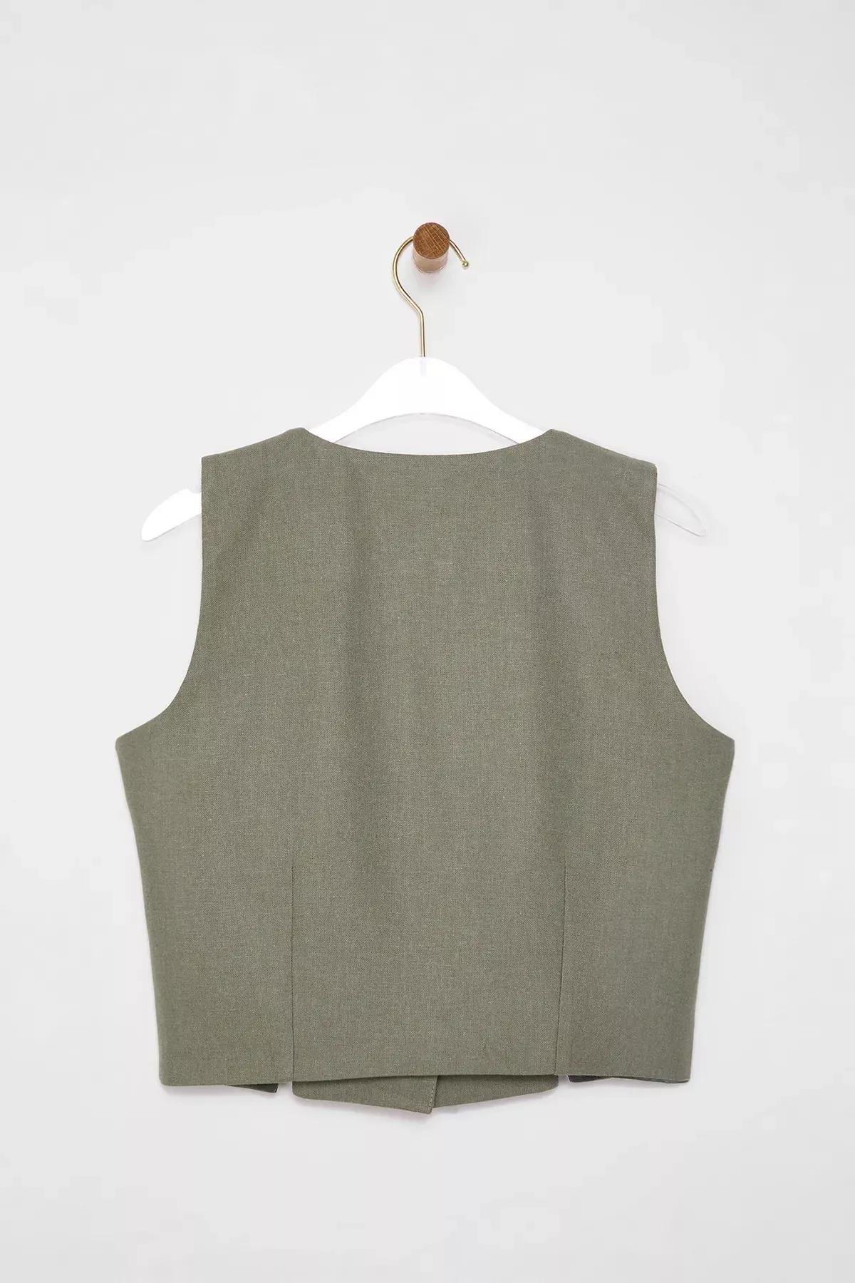 Green Fitted Linen V-Neck Vest, Light Khaki, large image number 7