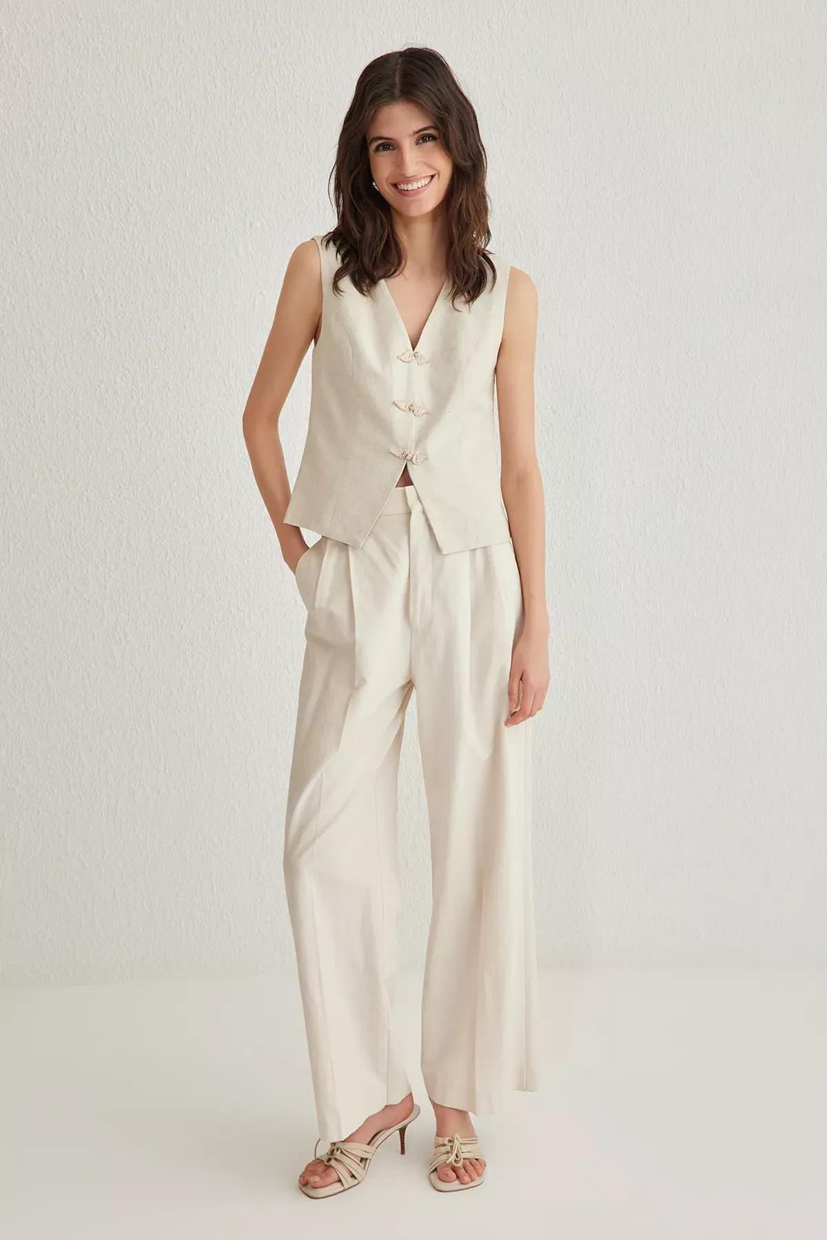 Beige Linen Front Tie V-Neck Vest, Beige, large image number 0