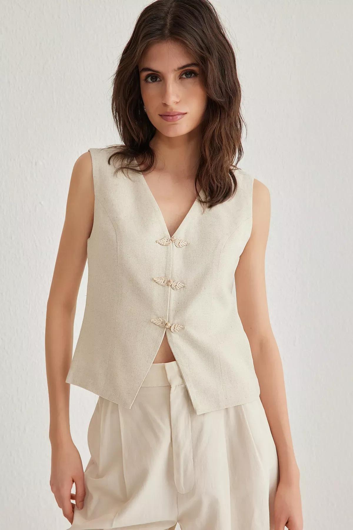 Beige Linen Front Tie V-Neck Vest, Beige, large image number 1