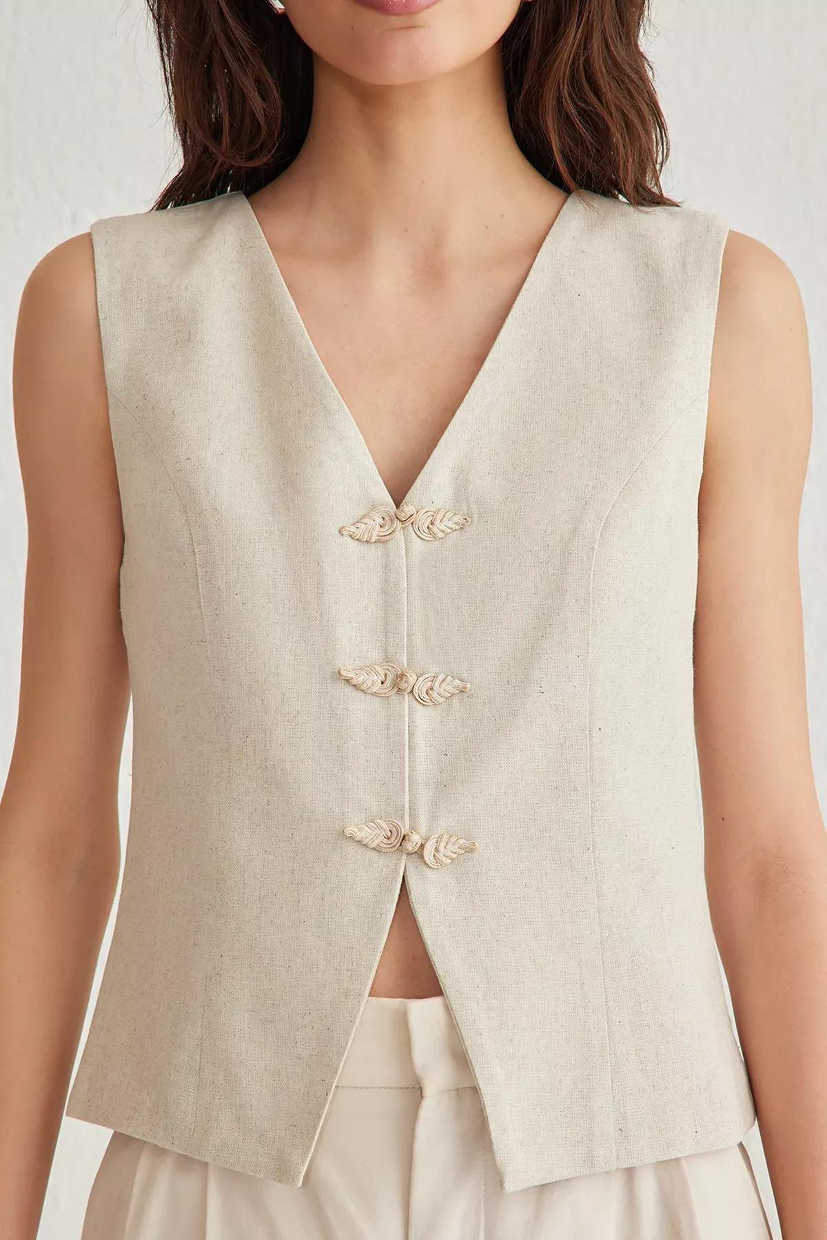 Beige Linen Front Tie V-Neck Vest, Beige, large image number 2