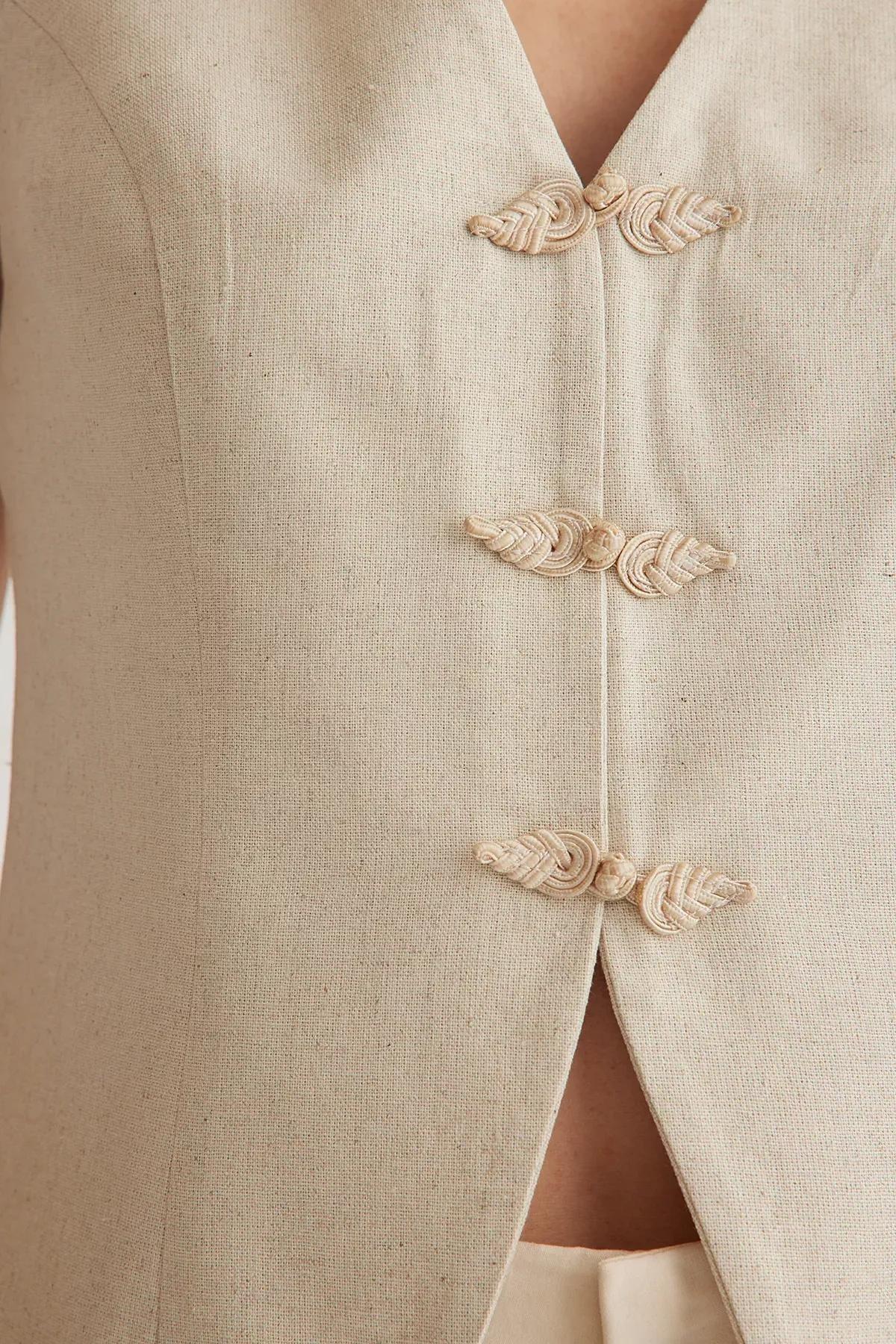 Beige Linen Front Tie V-Neck Vest, Beige, large image number 3