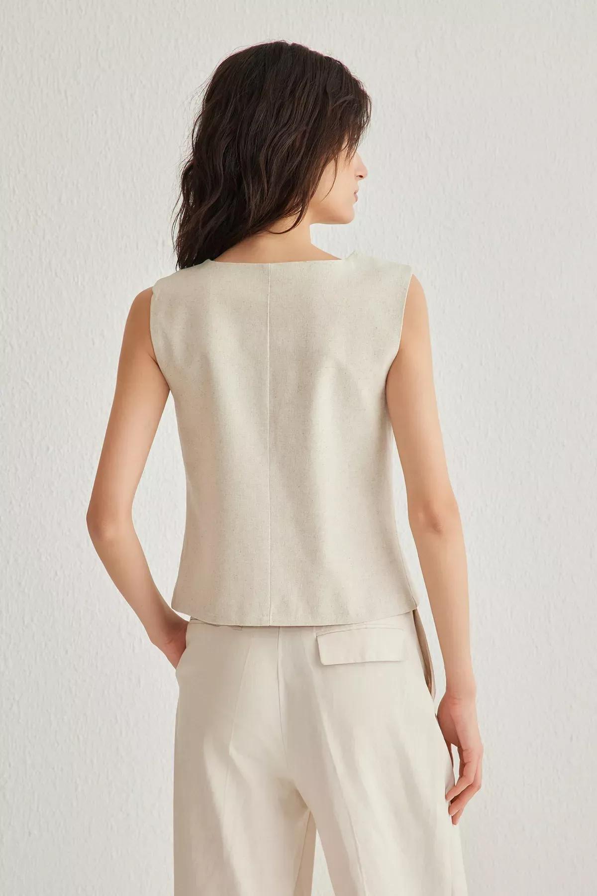 Beige Linen Front Tie V-Neck Vest, Beige, large image number 4