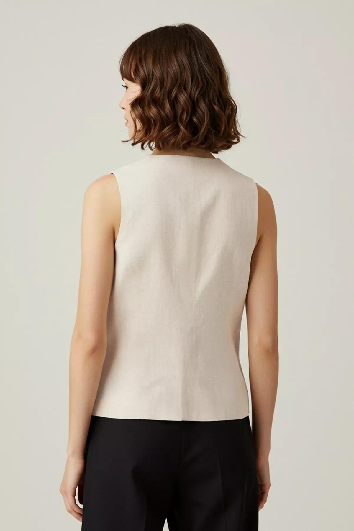 Beige Linen Front Tie V-Neck Vest, Beige, large image number 5