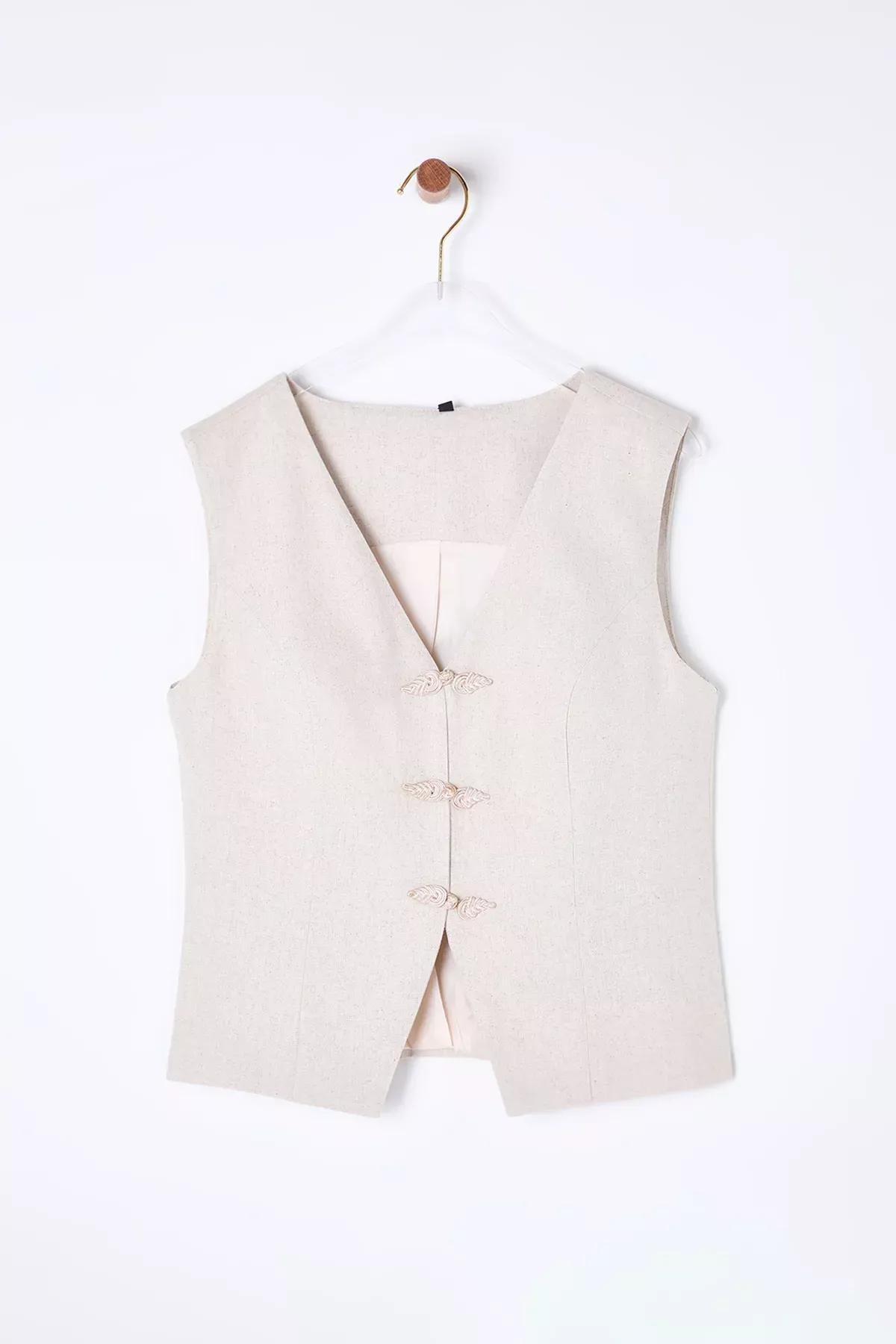 Beige Linen Front Tie V-Neck Vest, Beige, large image number 6
