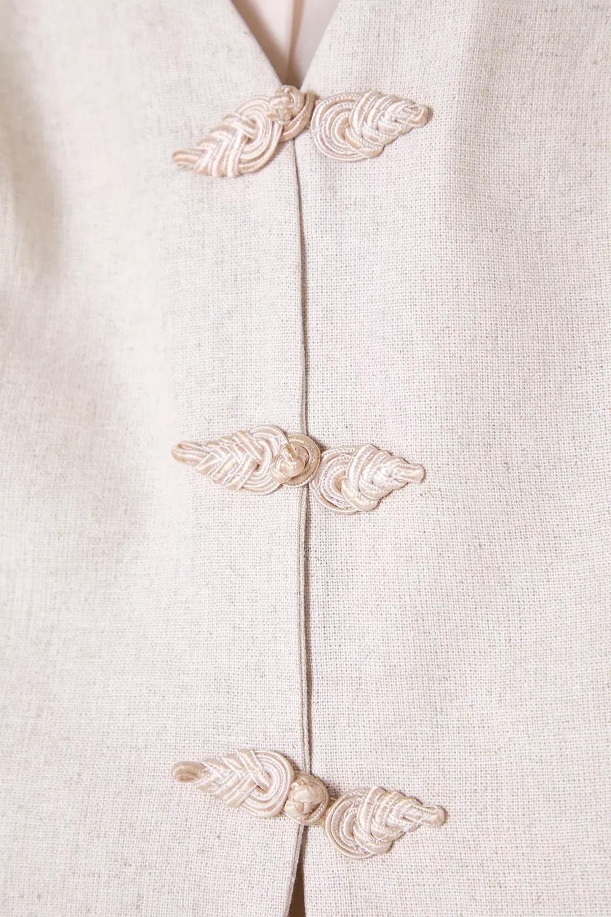 Beige Linen Front Tie V-Neck Vest, Beige, large image number 7