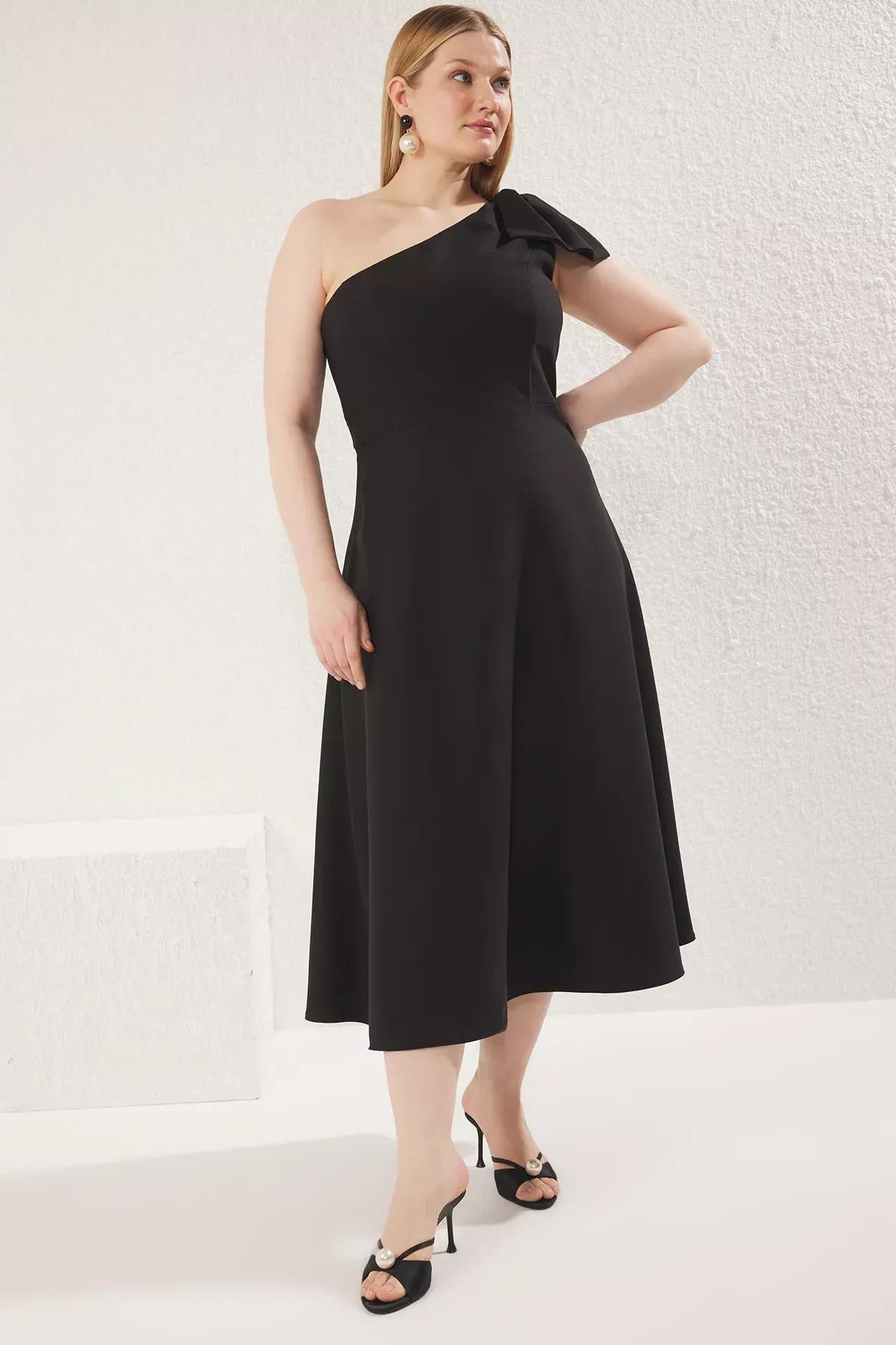Black Bowknot Midi Woven Dress, , large image number 0