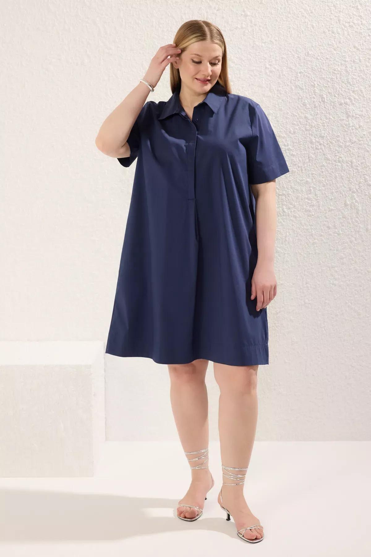 Navy Short Sleeve Shirt Dress, Navy blue, large image number 0