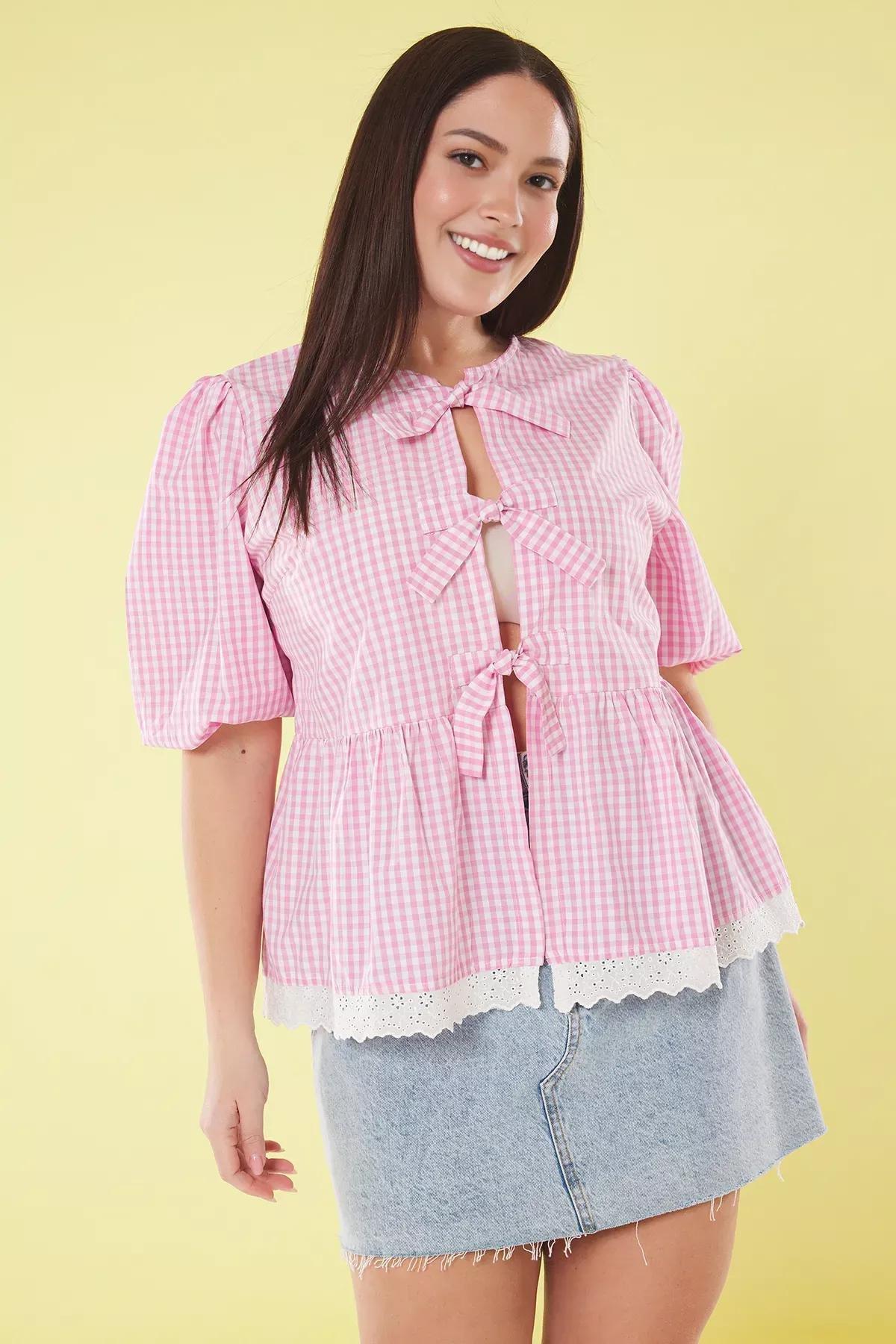 Pink Checked Bow Embroidered Blouse, Pink, large image number 0