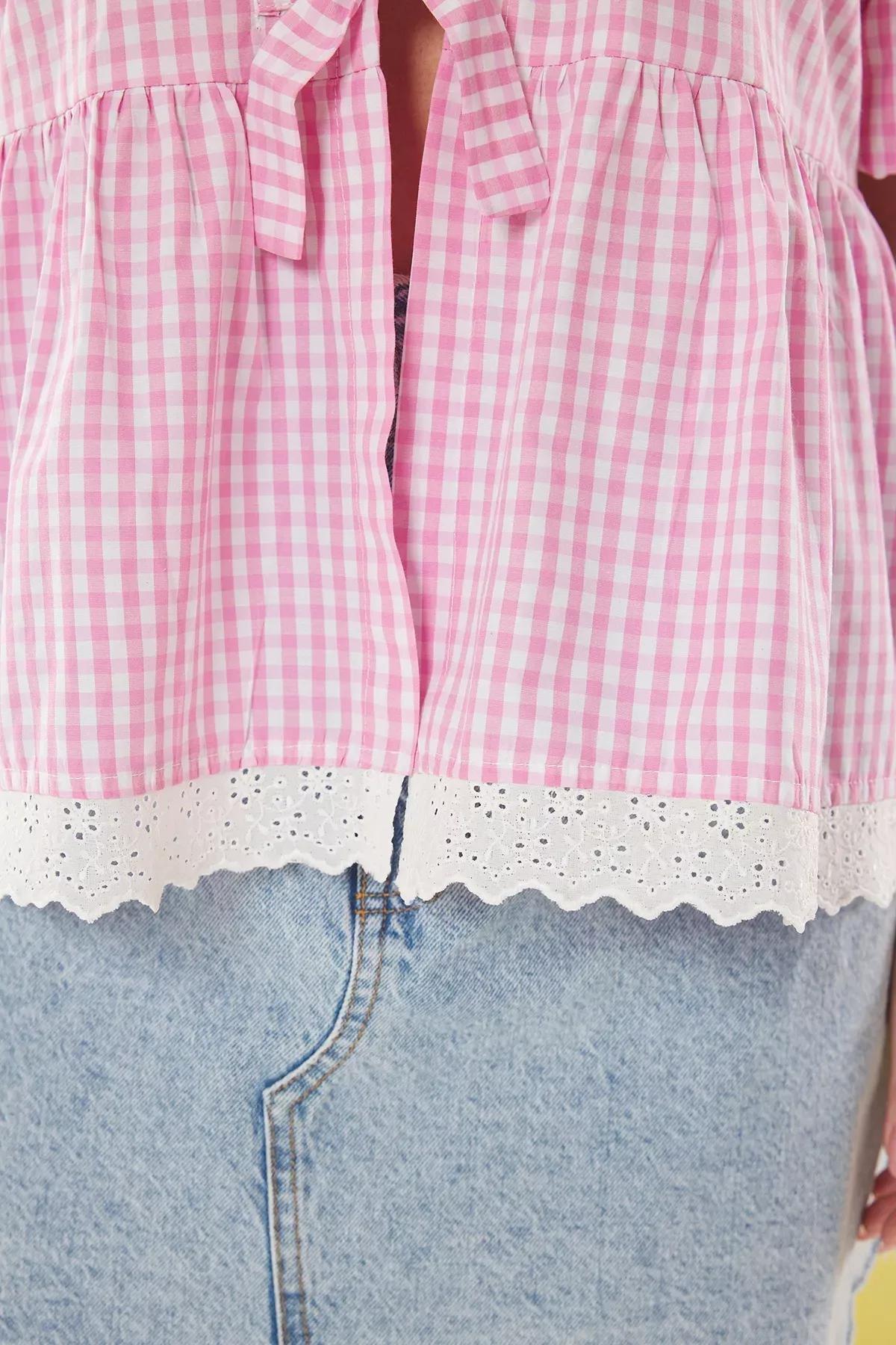Pink Checked Bow Embroidered Blouse, Pink, large image number 2