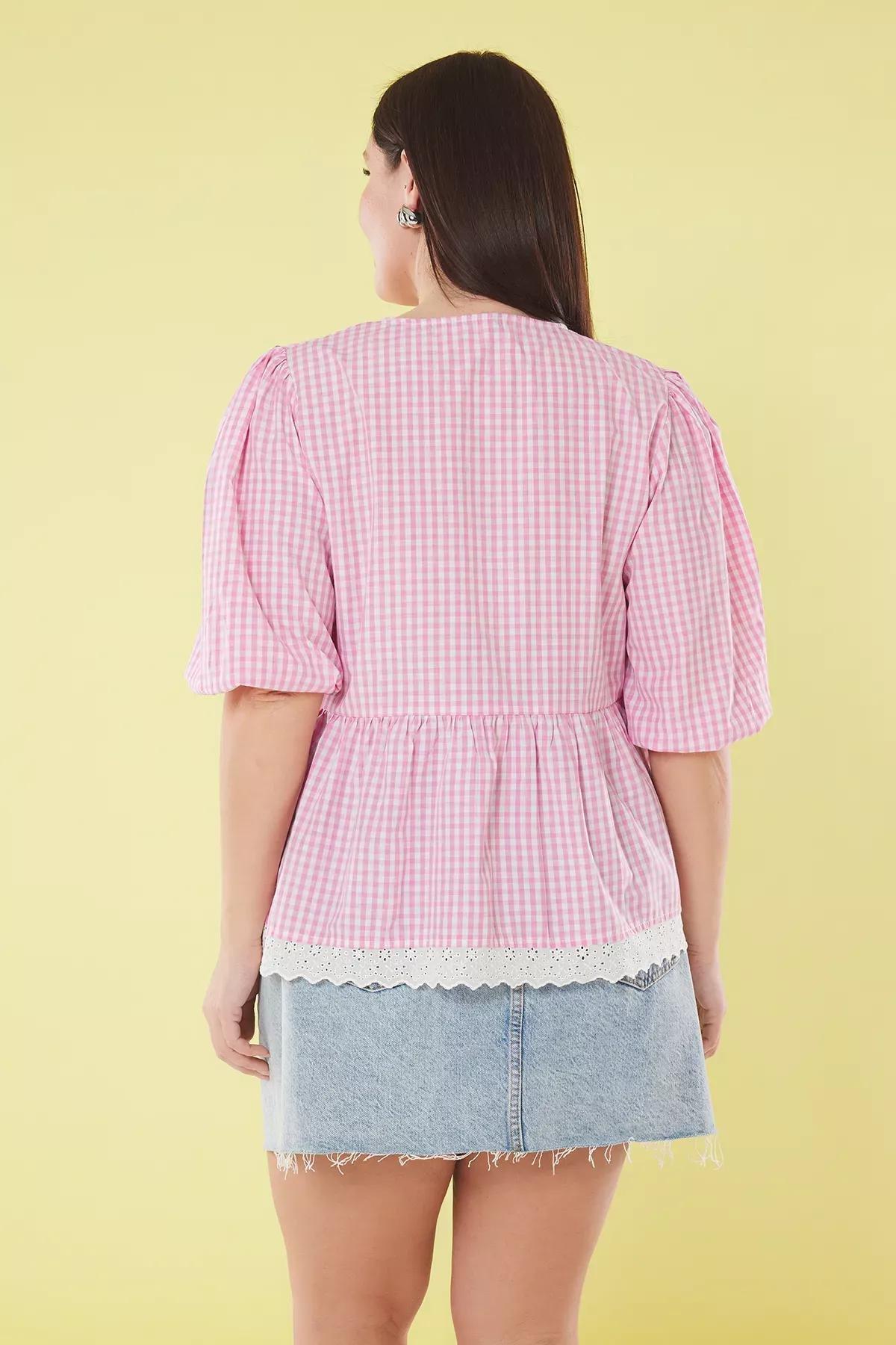 Pink Checked Bow Embroidered Blouse, Pink, large image number 3
