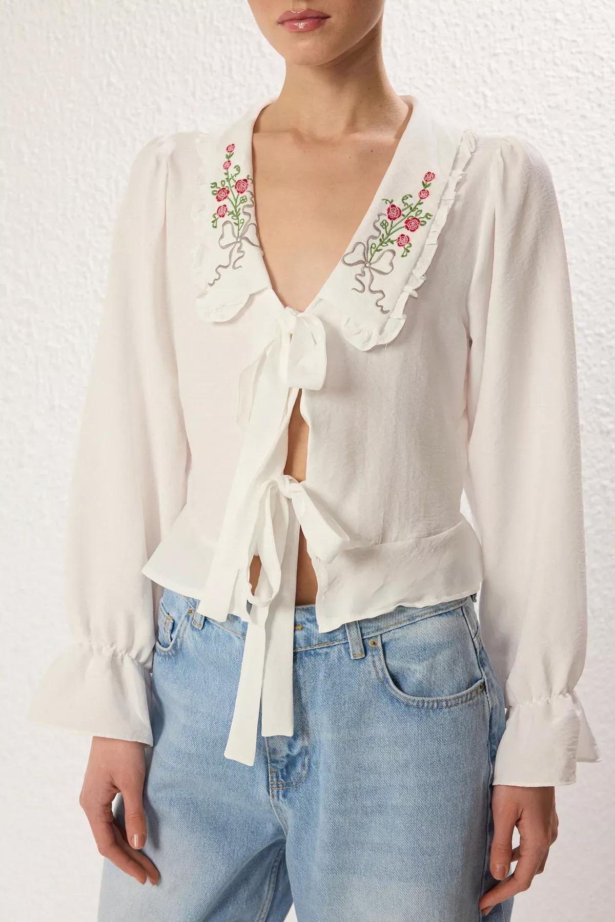White Embroidery Front Tie Shirt, White, large image number 2