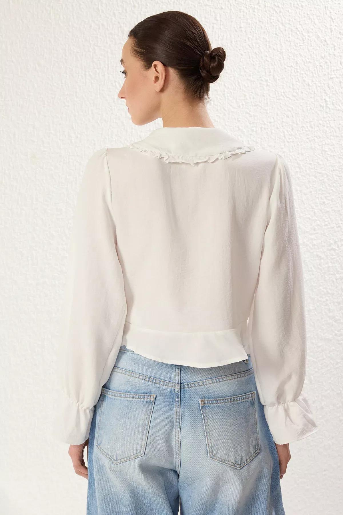 White Embroidery Front Tie Shirt, White, large image number 4