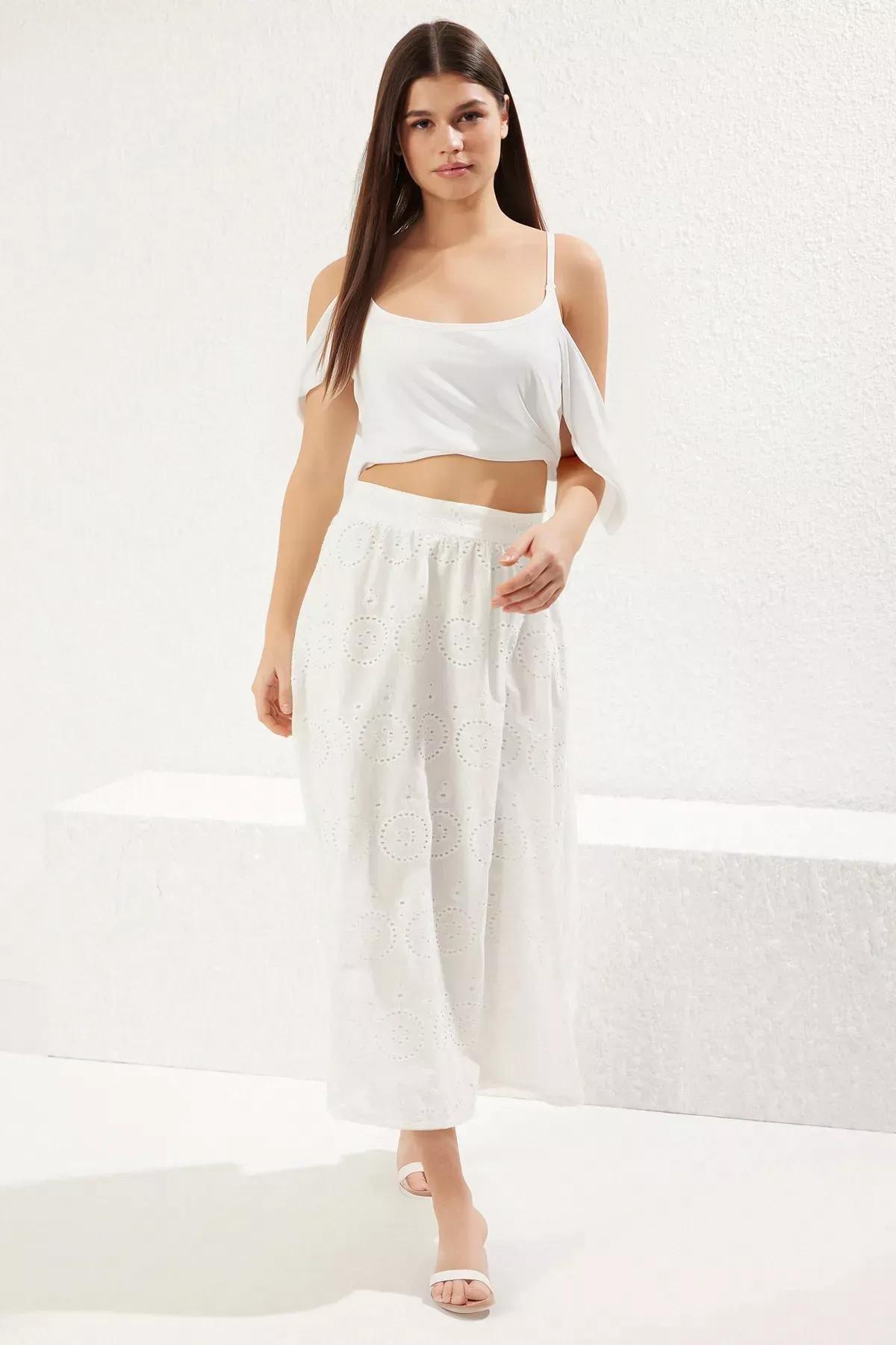 White Embroidered Maxi Skirt, White, large image number 0