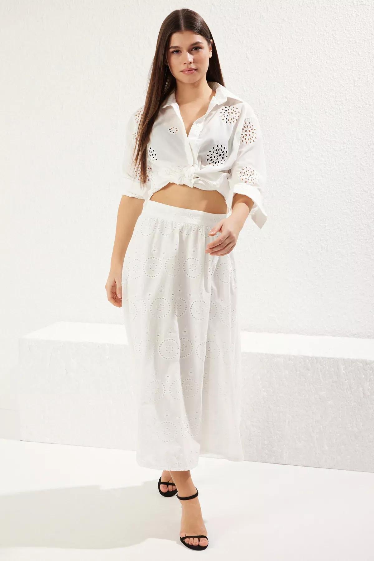 White Embroidered Maxi Skirt, White, large image number 3