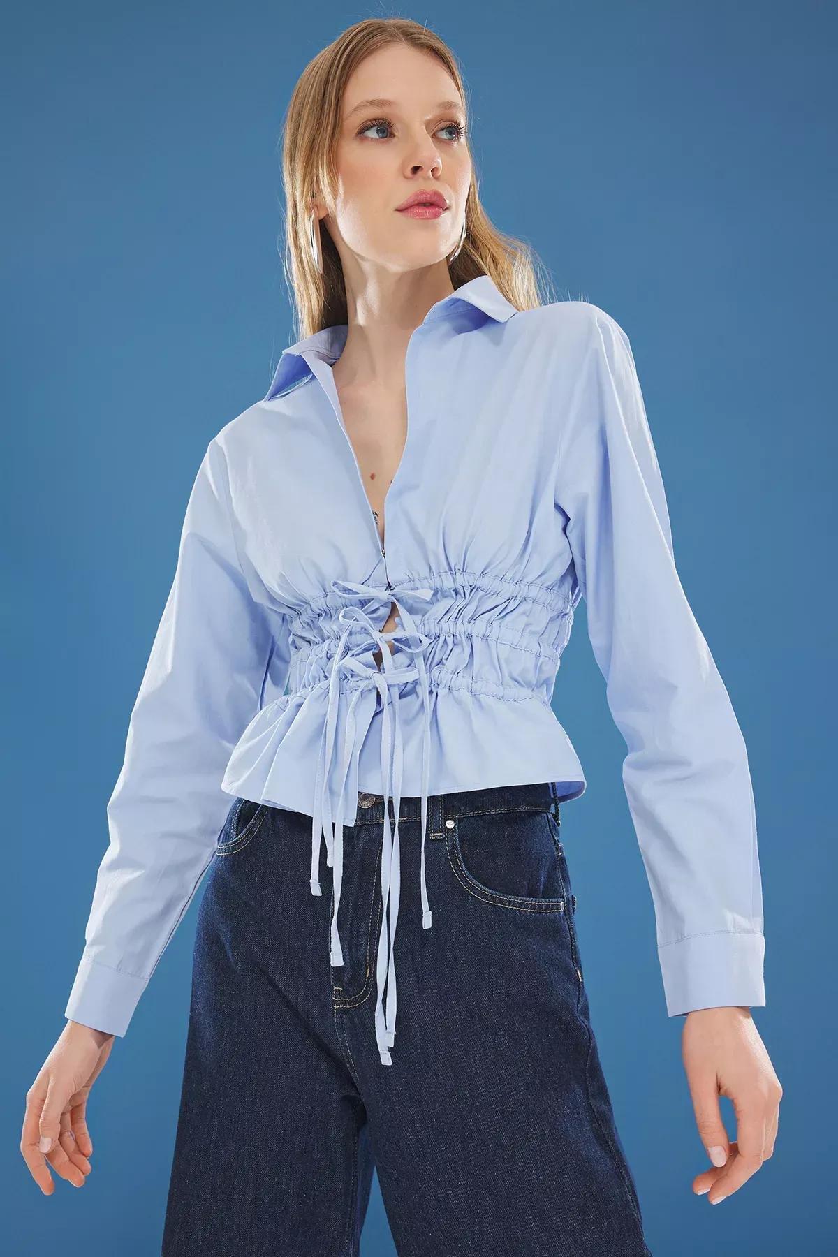 قميص بقصة ضيقة بربطة، أزرق, LIGHT BLUE, large image number 1