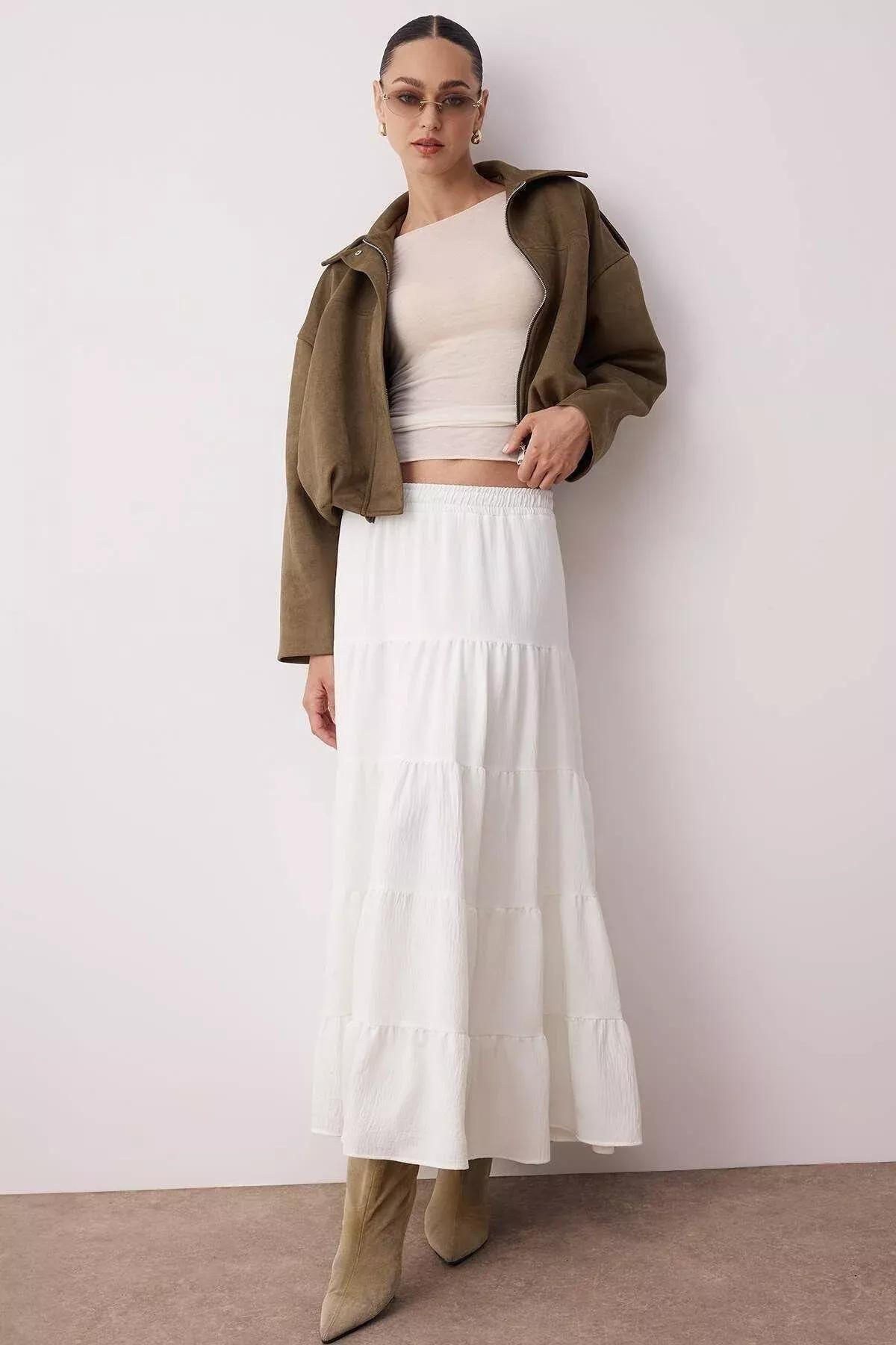 White Textured Maxi Woven Skirt, White, large image number 0