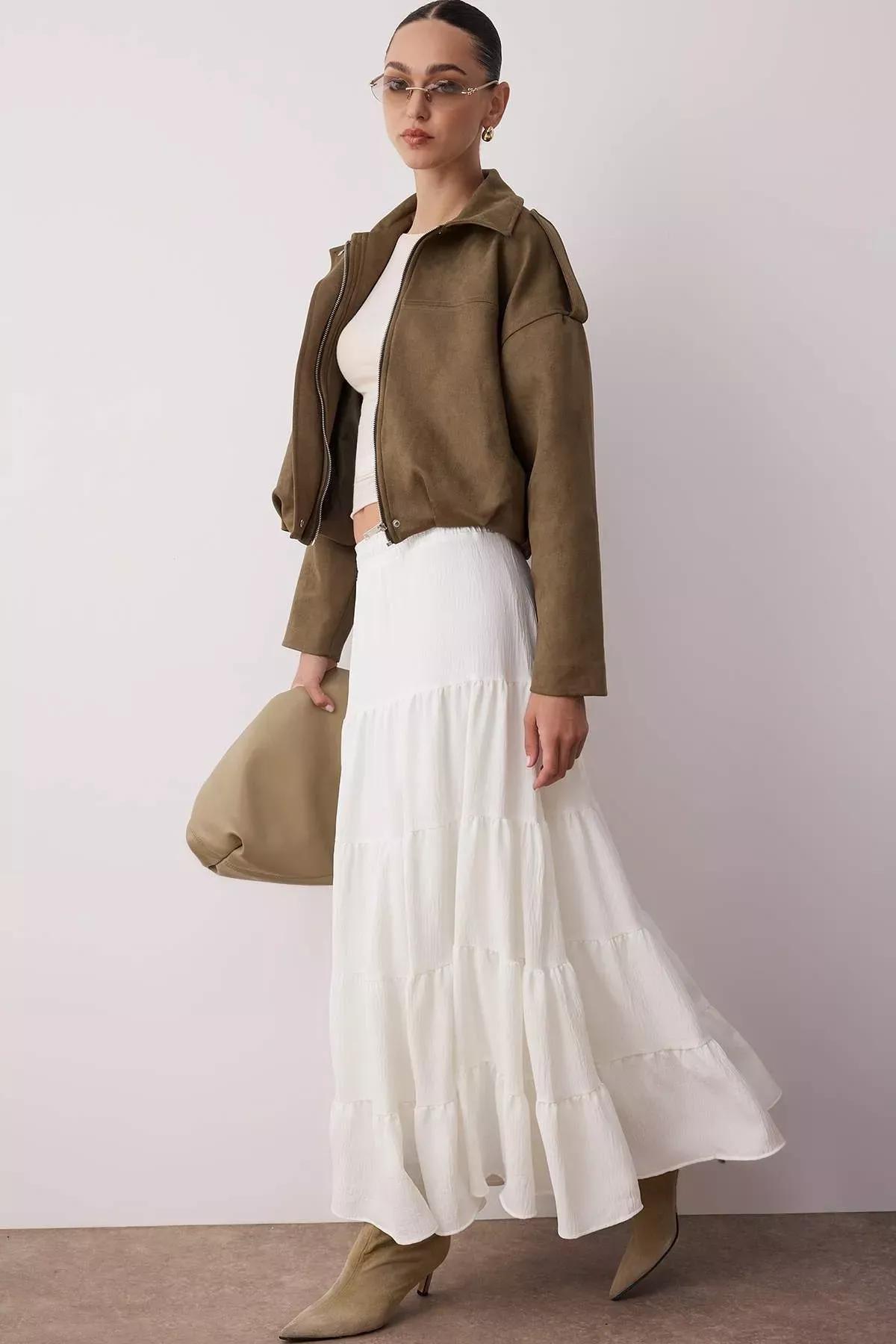 White Textured Maxi Woven Skirt, White, large image number 1
