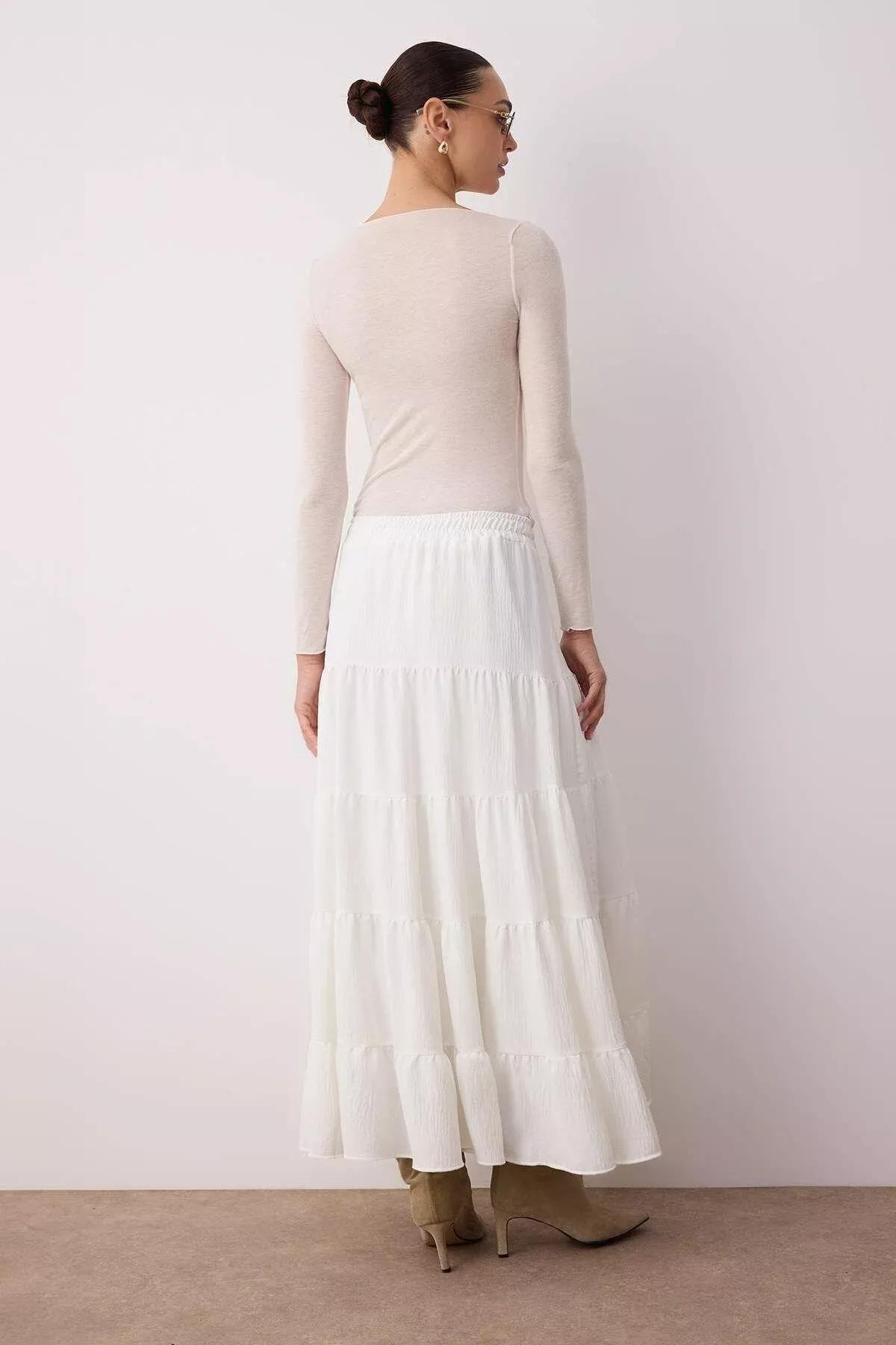 White Textured Maxi Woven Skirt, White, large image number 3