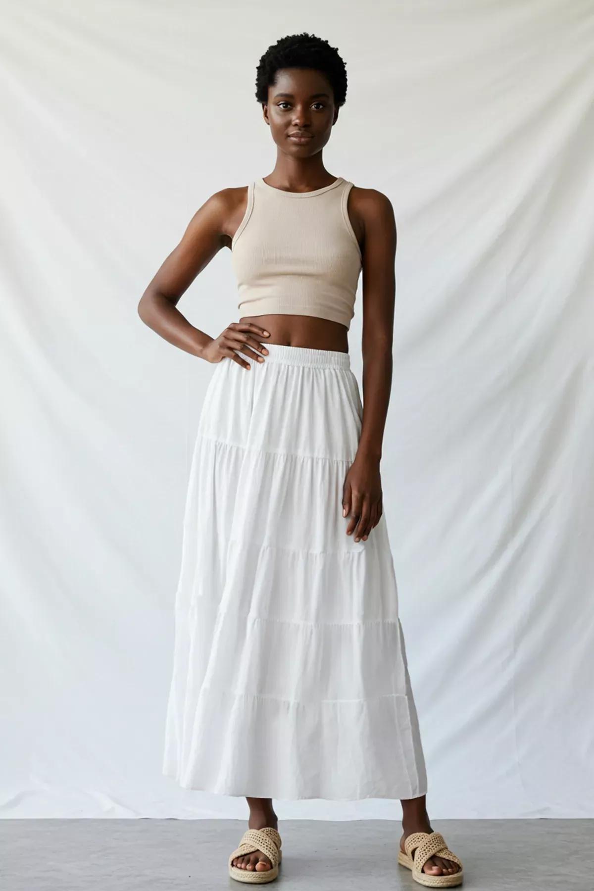 White Textured Maxi Woven Skirt, White, large image number 4
