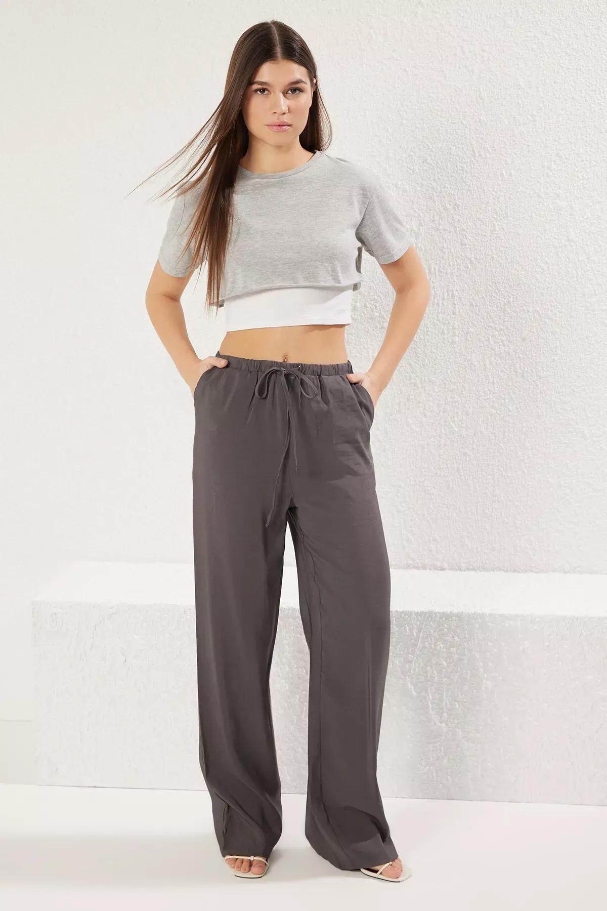 Grey Wide Leg Trousers, , large image number 0
