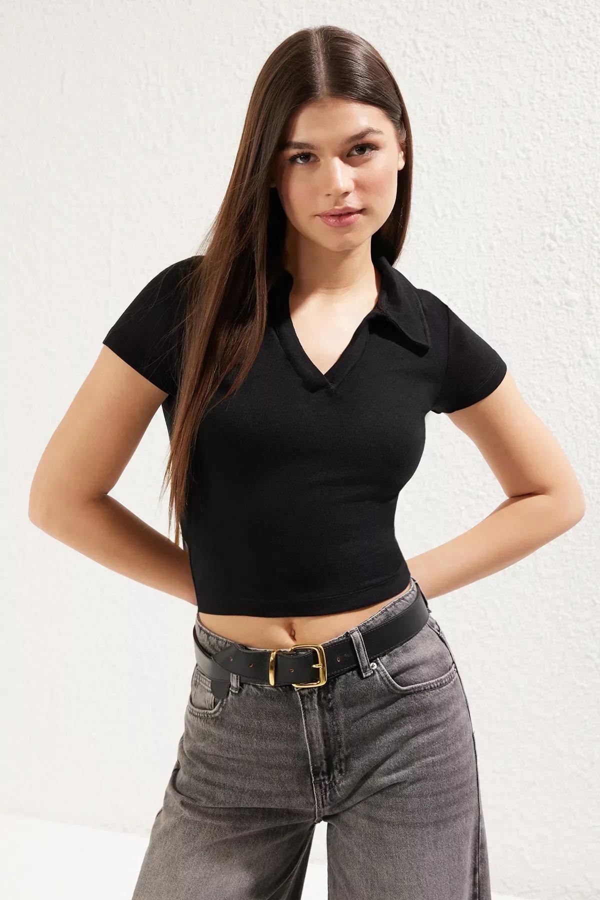 Black Fitted Polo Collar Blouse, , large image number 0