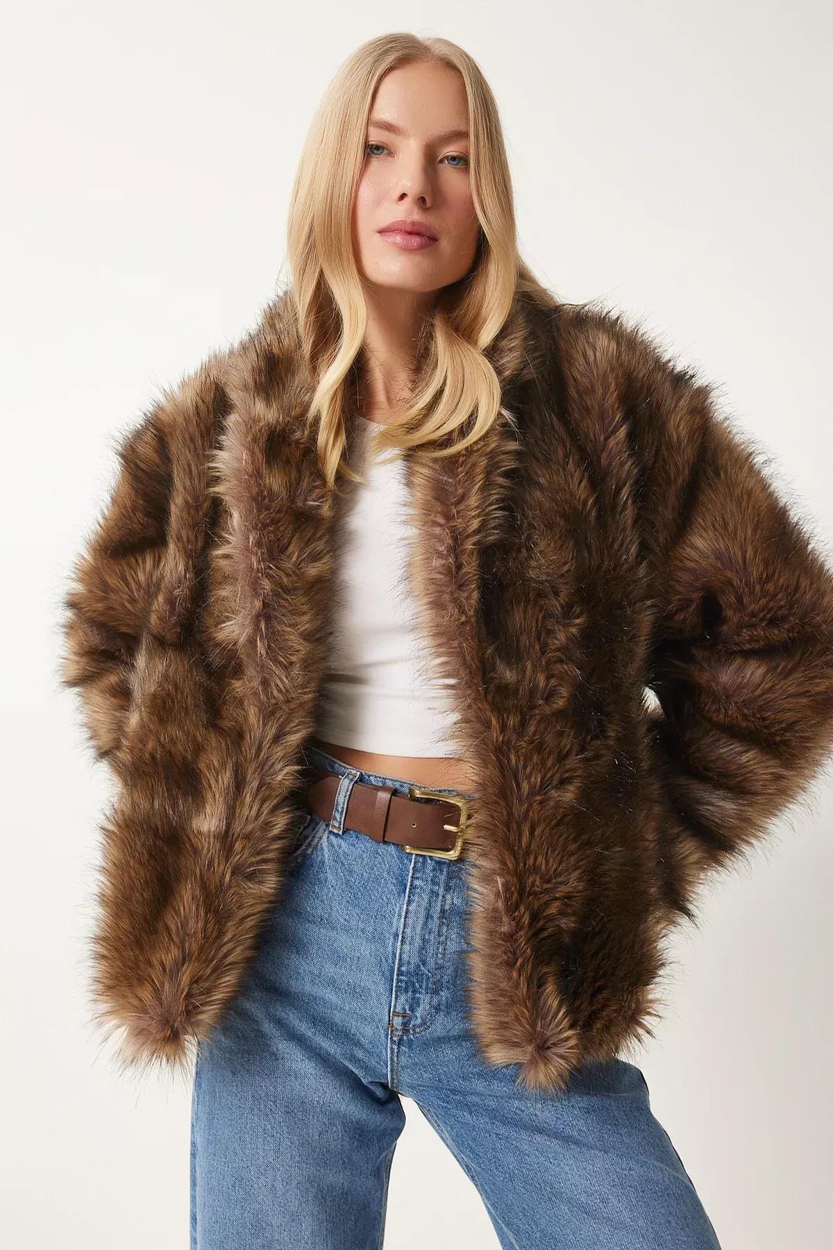 Grey Shawl Collar Faux Fur Jacket, Mink, large image number 1