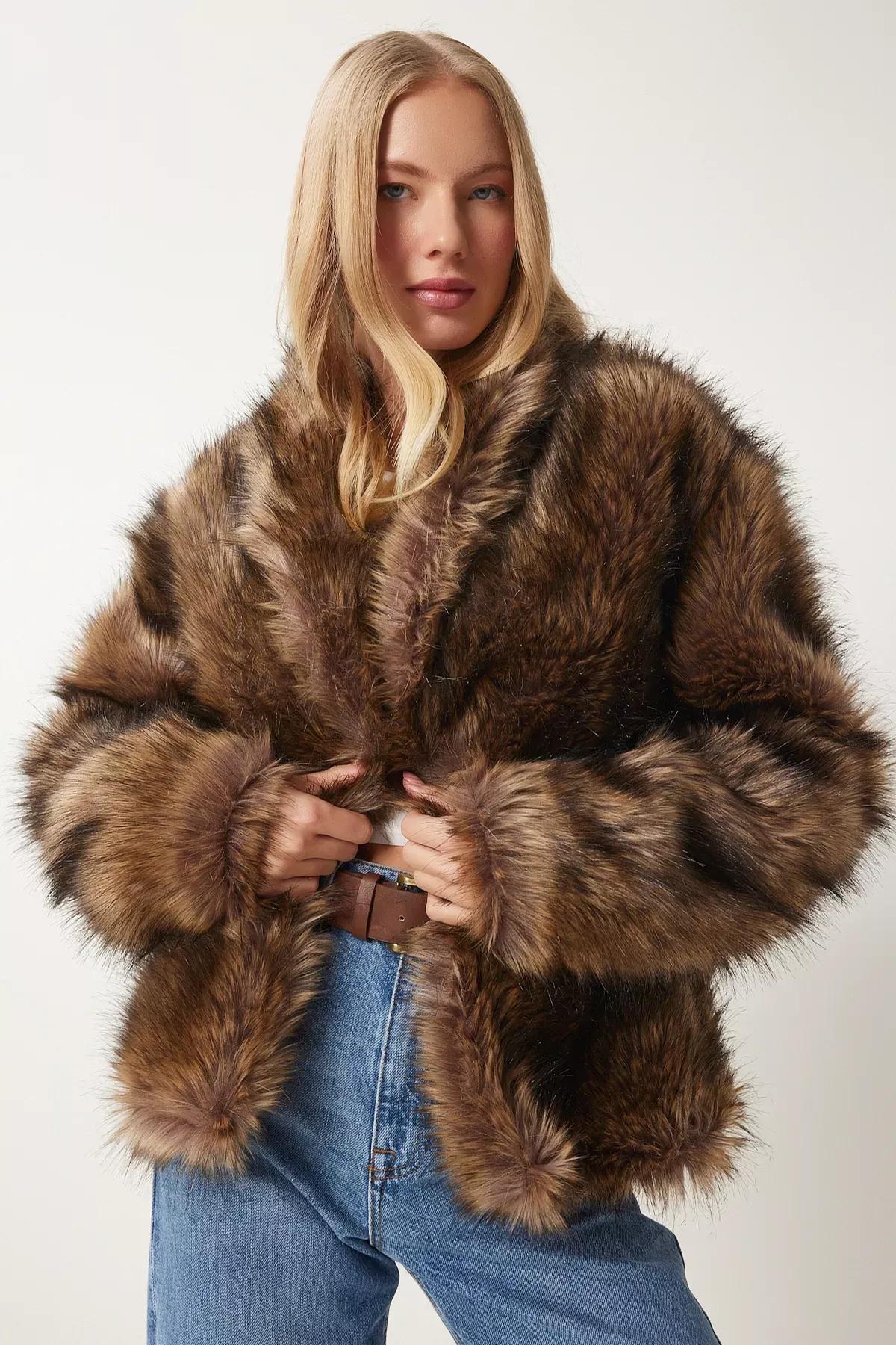 Grey Shawl Collar Faux Fur Jacket, Mink, large image number 2