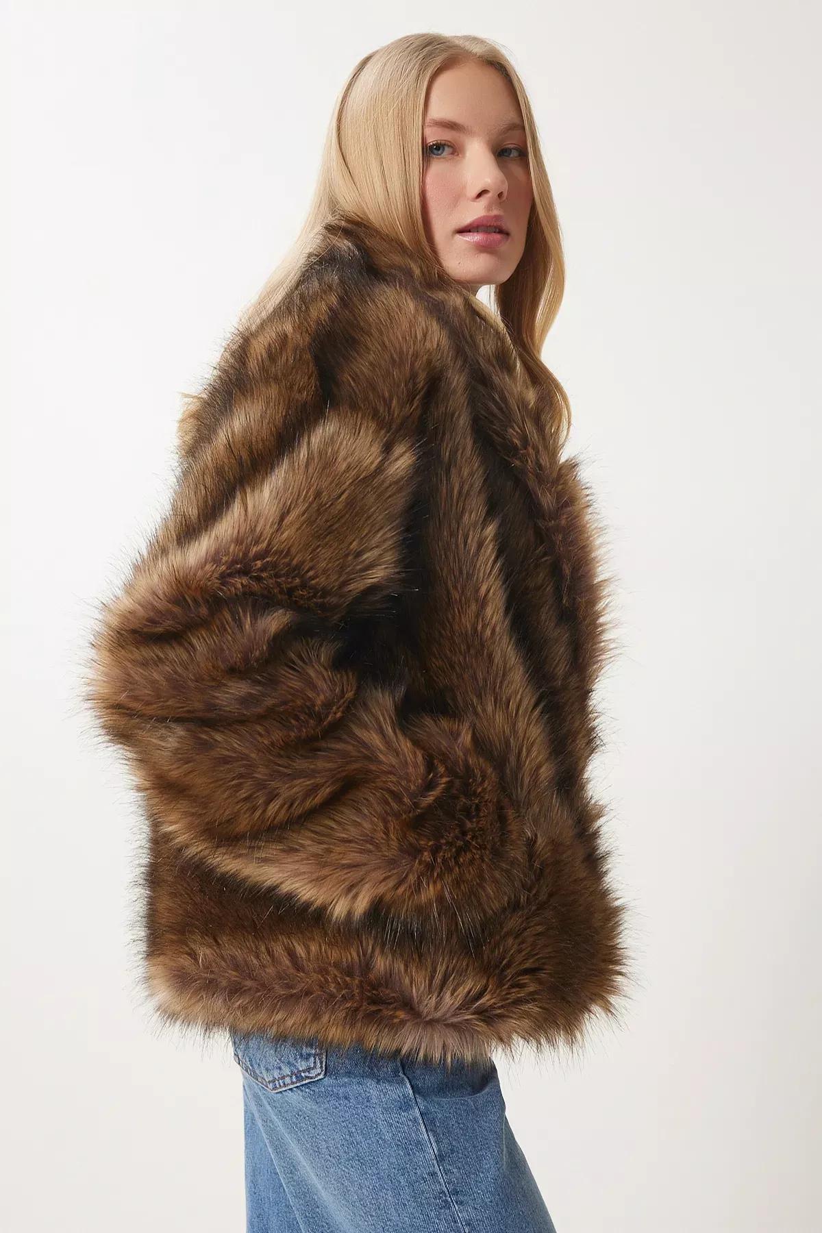 Grey Shawl Collar Faux Fur Jacket, Mink, large image number 3