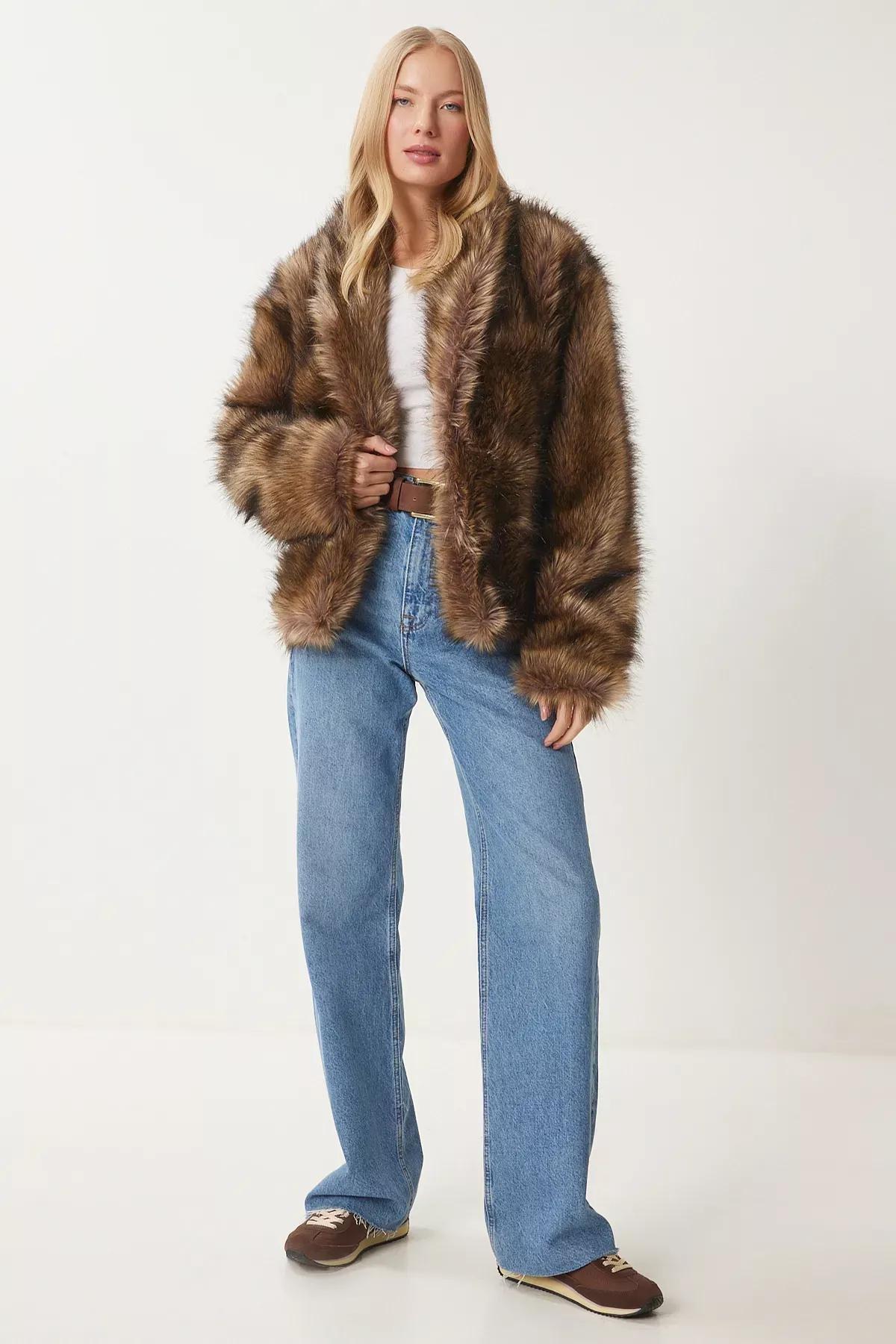 Grey Shawl Collar Faux Fur Jacket, Mink, large image number 4