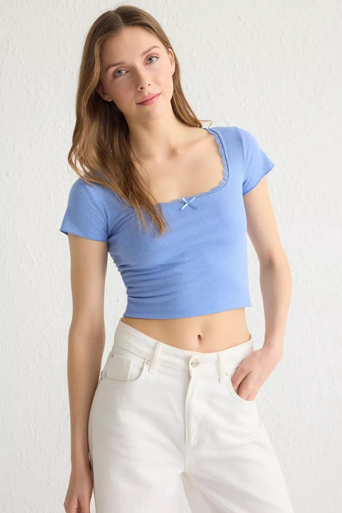 Blue Lace Square Neck Blouse, , large image number 0