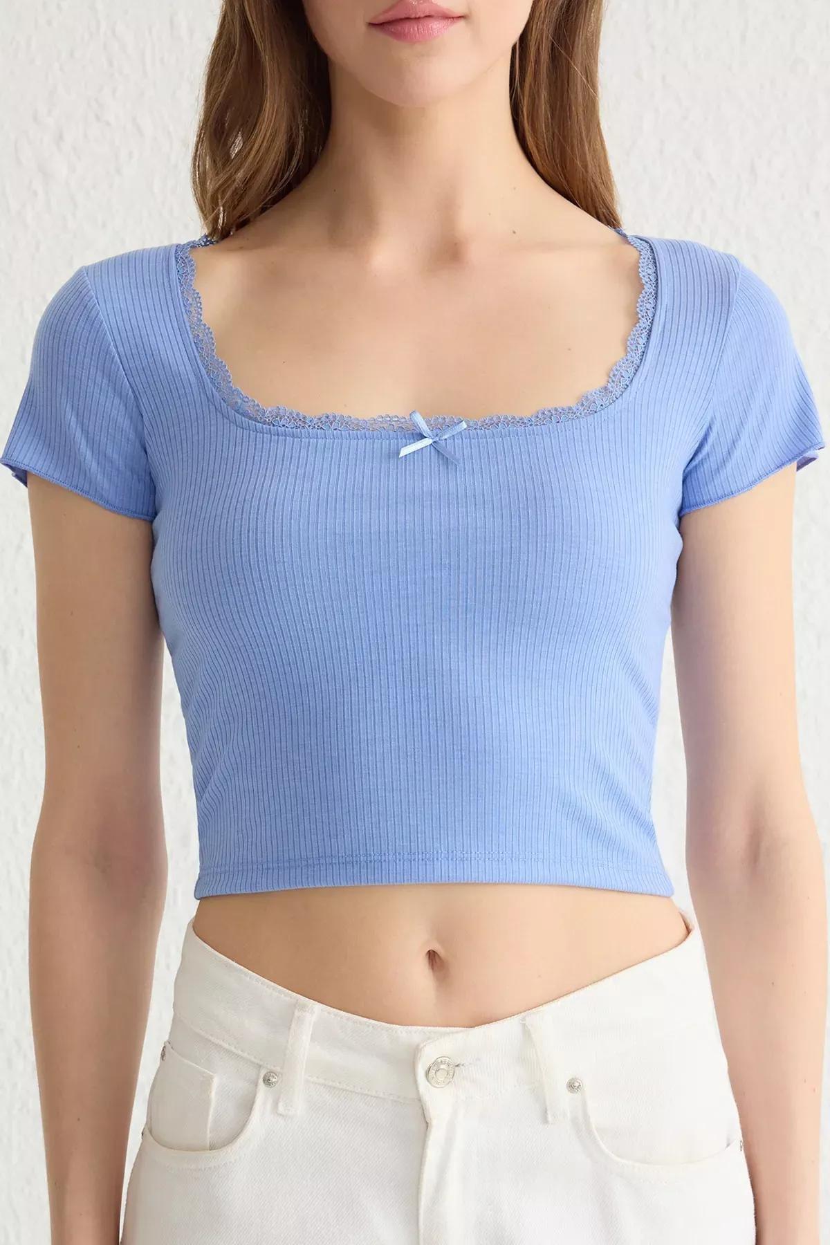 Blue Lace Square Neck Blouse, , large image number 2