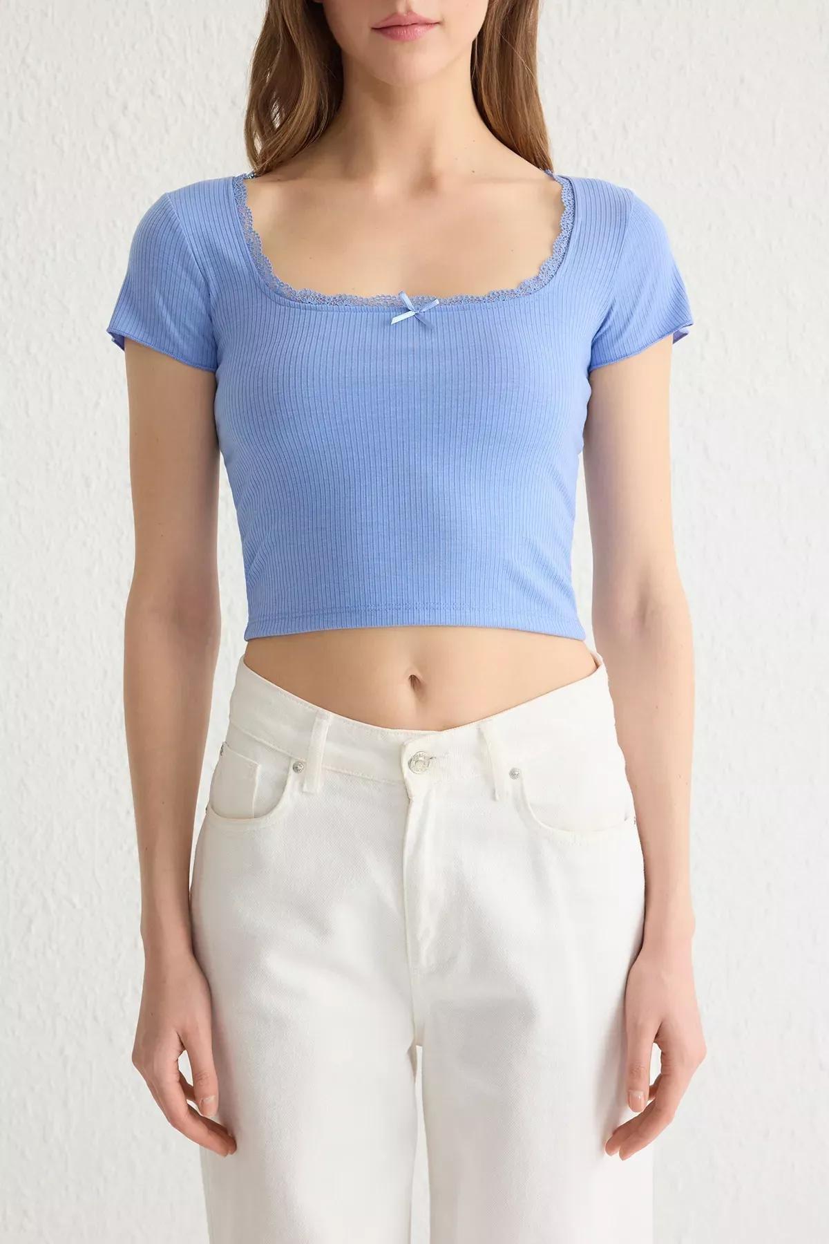 Blue Lace Square Neck Blouse, , large image number 3