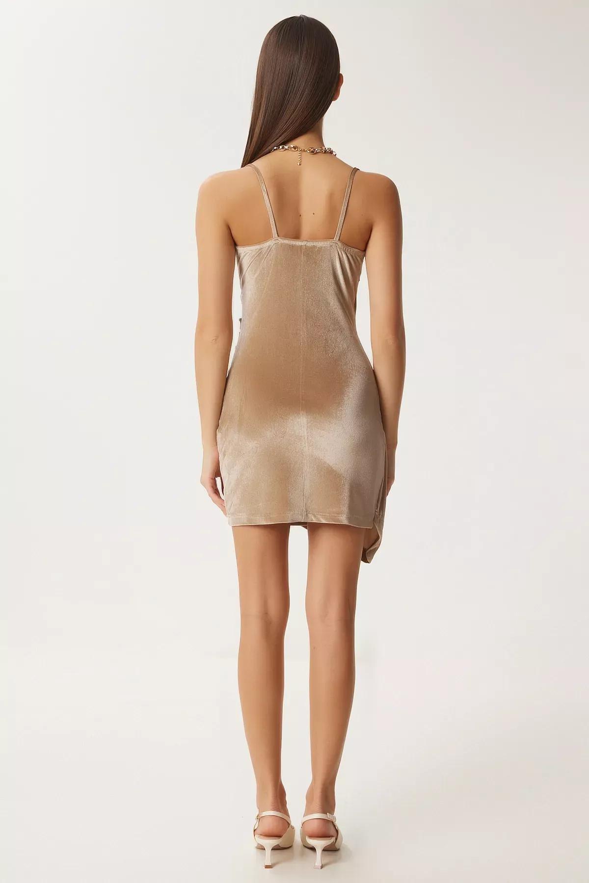 Beige Wrapped Collared Gathered Mini Velvet Dress, Beige, large image number 4