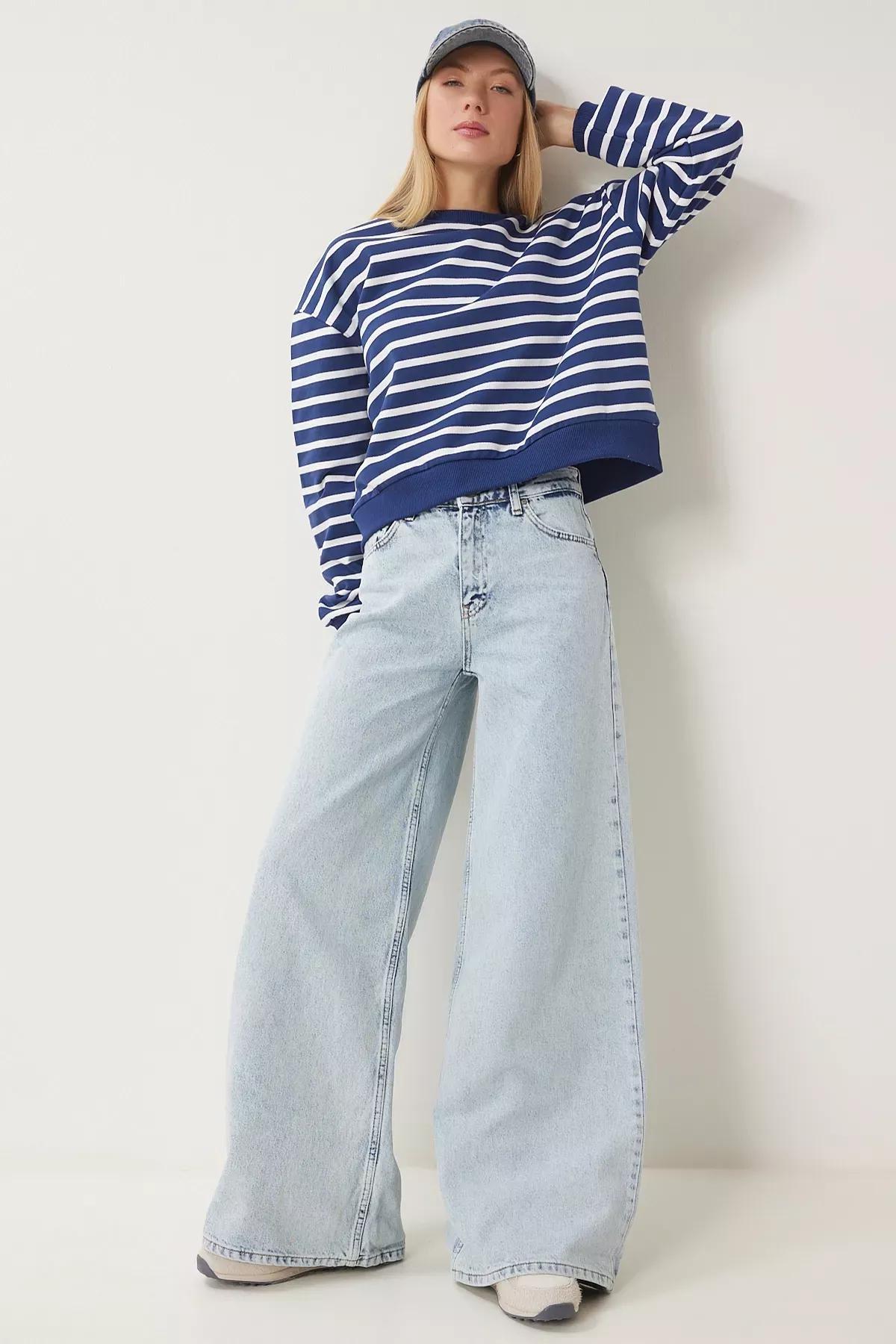 Blue Mid Waist Wide Leg Jeans, ICE BLUE, large image number 0