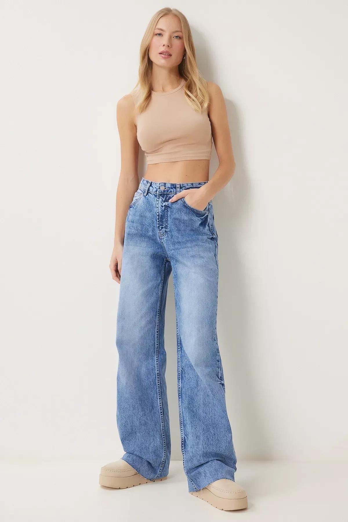 Blue High-Waist Wide Leg Jeans, Blue, large image number 0
