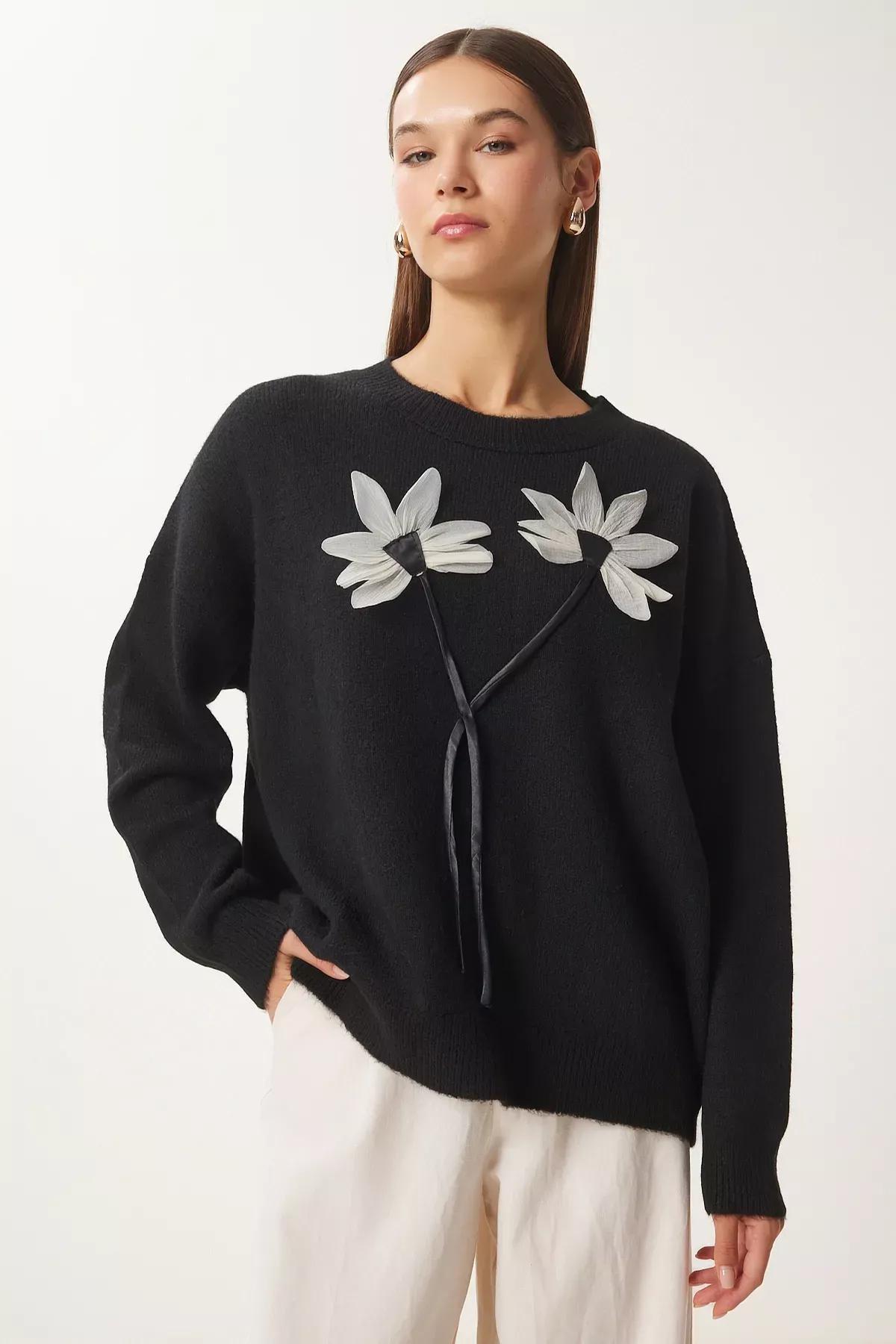 Black Floral Knitwear Sweater, BLACK, large image number 0