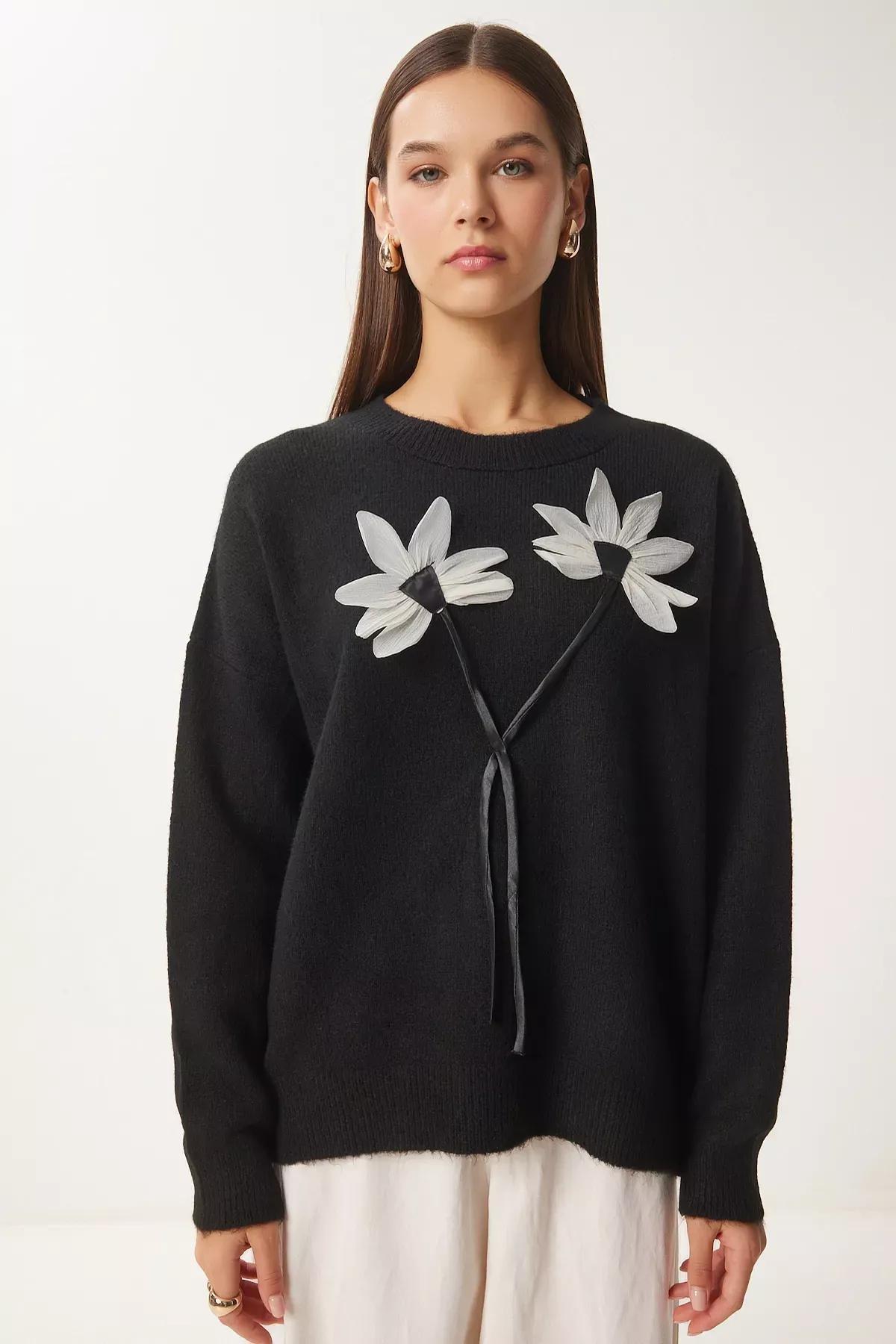 Black Floral Knitwear Sweater, BLACK, large image number 1