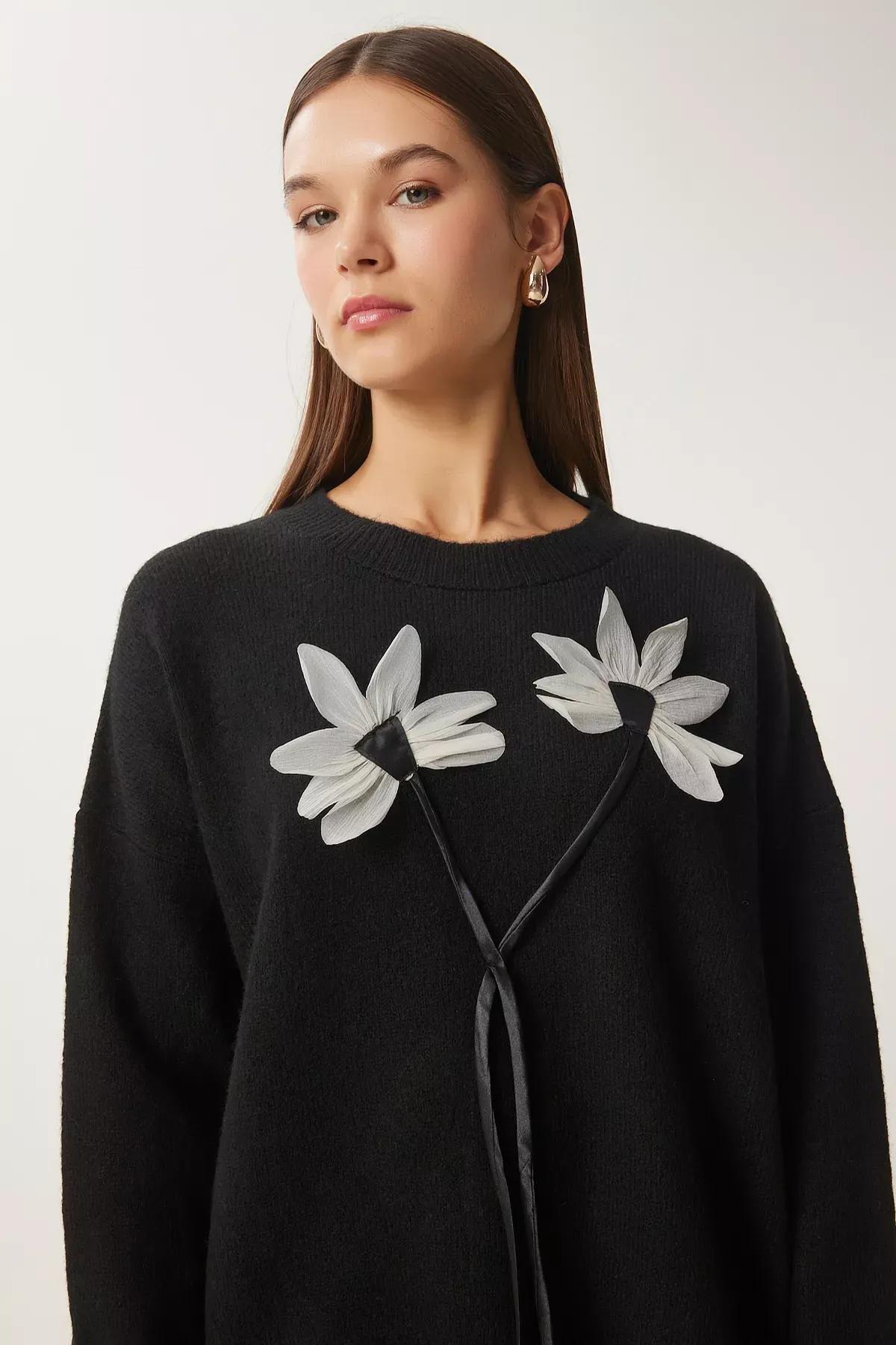 Black Floral Knitwear Sweater, BLACK, large image number 2