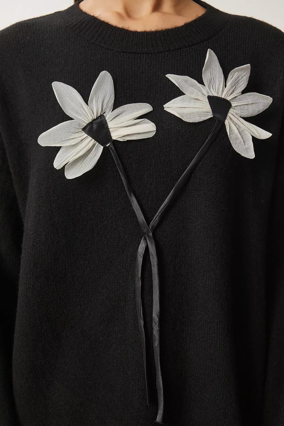 Black Floral Knitwear Sweater, BLACK, large image number 3