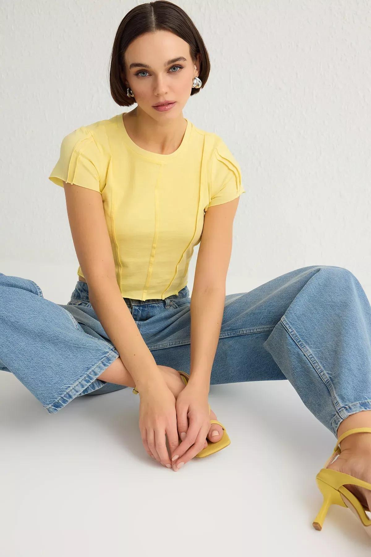 Yellow Ribbed Crop Knit T-shirt, Yellow, large image number 0
