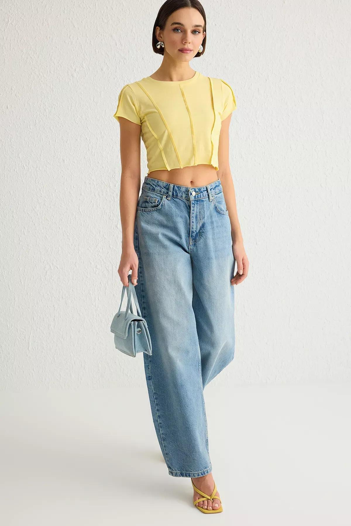 Yellow Ribbed Crop Knit T-shirt, Yellow, large image number 1
