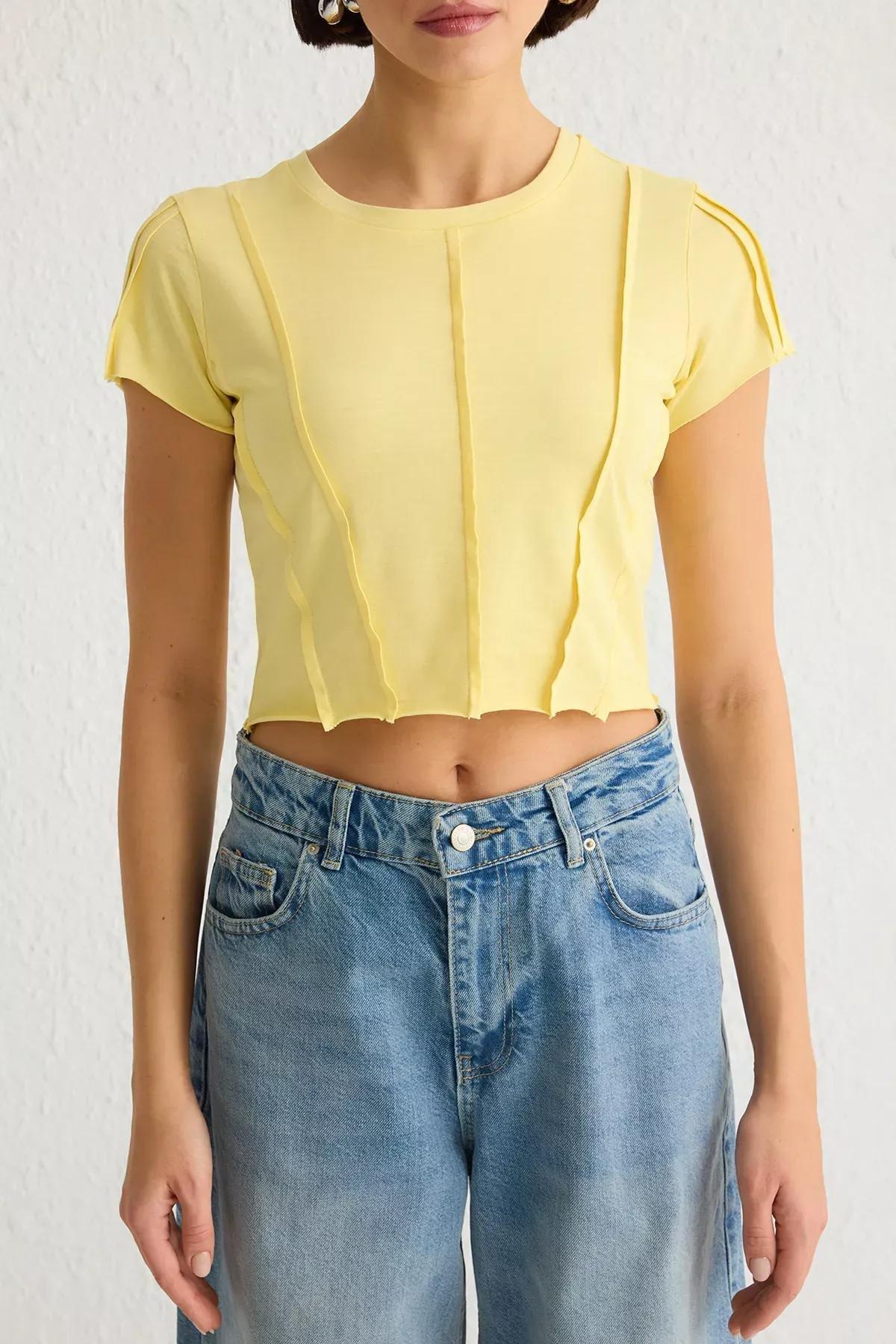 Yellow Ribbed Crop Knit T-shirt, Yellow, large image number 2
