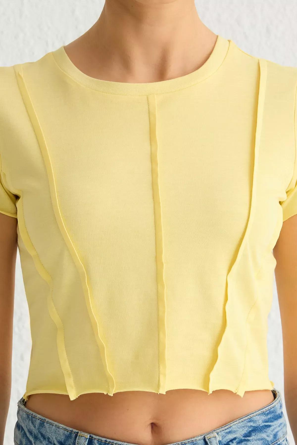 Yellow Ribbed Crop Knit T-shirt, Yellow, large image number 3
