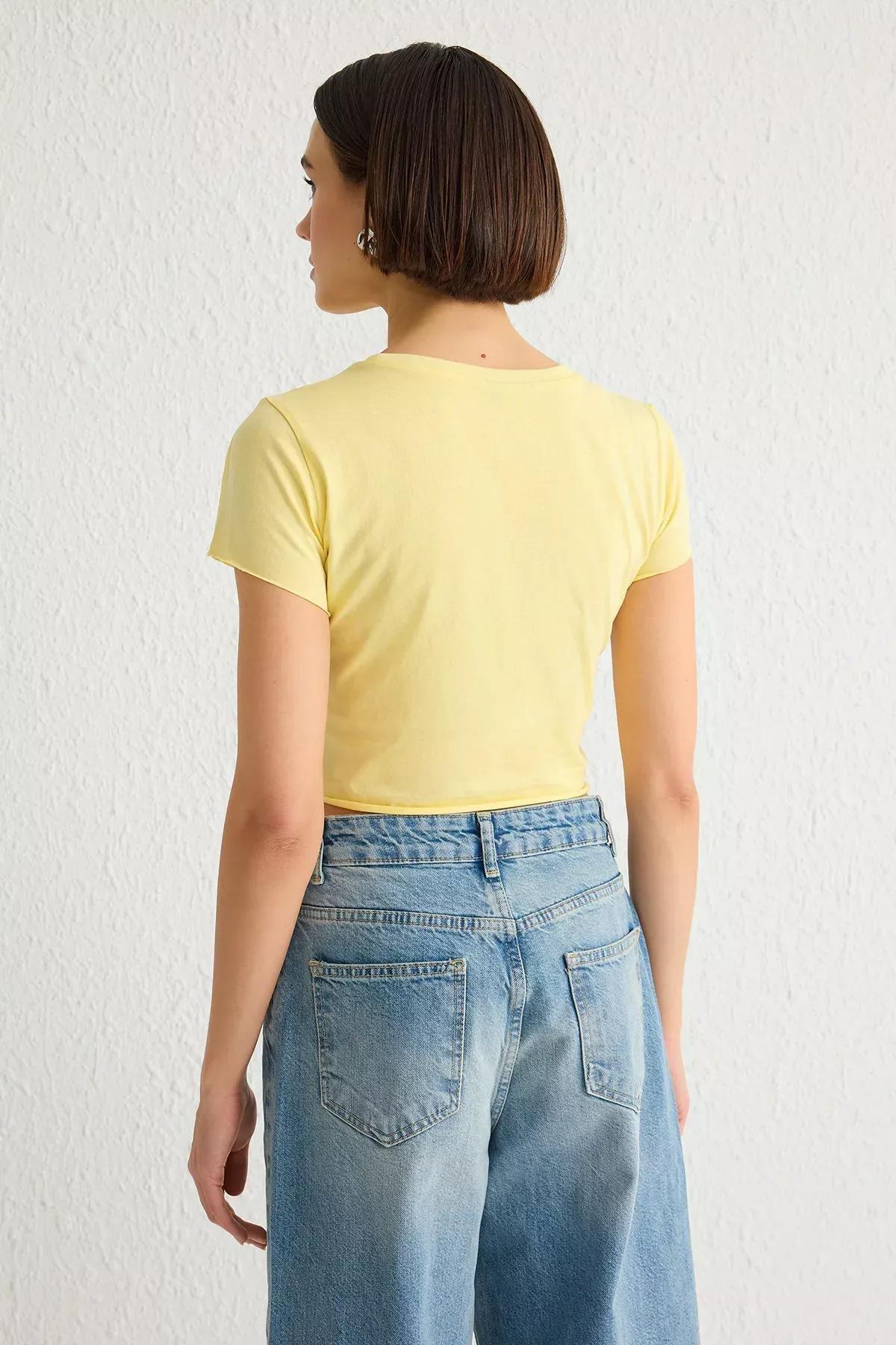 Yellow Ribbed Crop Knit T-shirt, Yellow, large image number 4